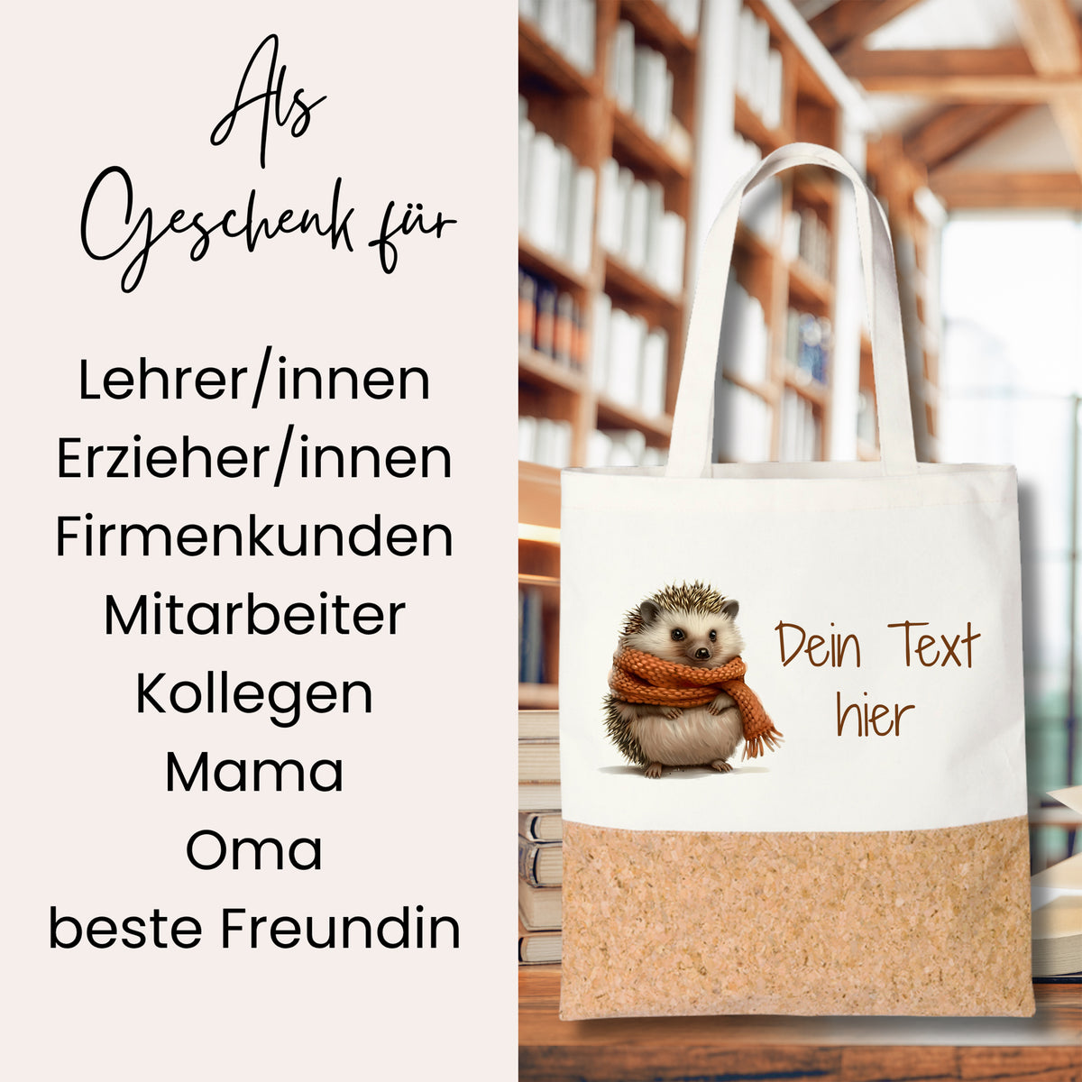 Beige Tasche mit Igel-Motiv und Korkboden.
