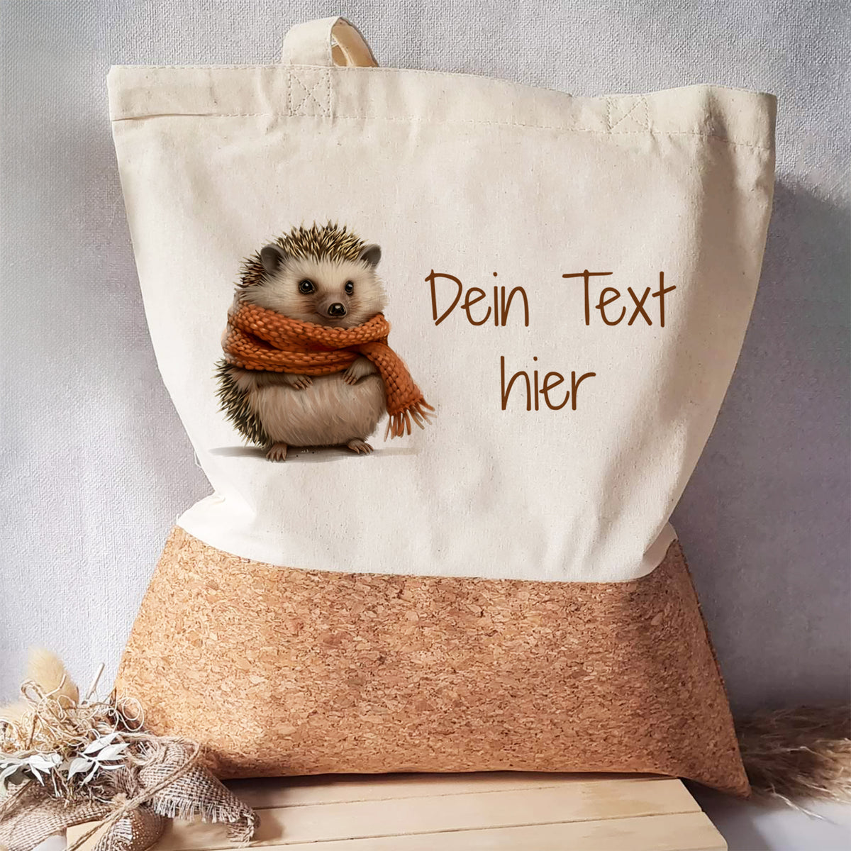 Stofftasche mit Igel-Motiv und personalisierbarem Text.