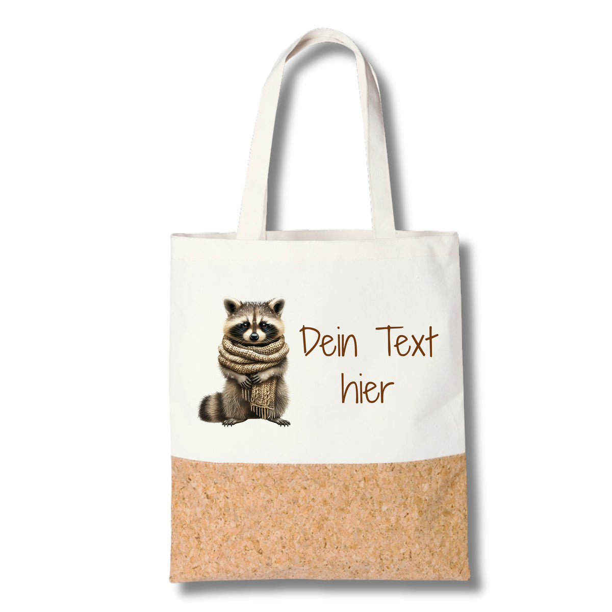Stofftasche mit Waschbär-Motiv und Korkboden.