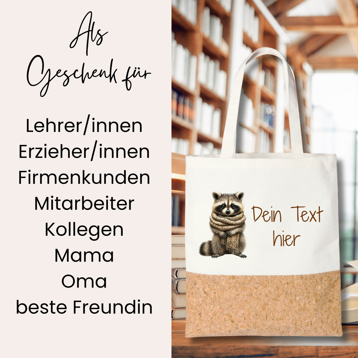 Beige Tasche mit Waschbär-Motiv und Korkboden.