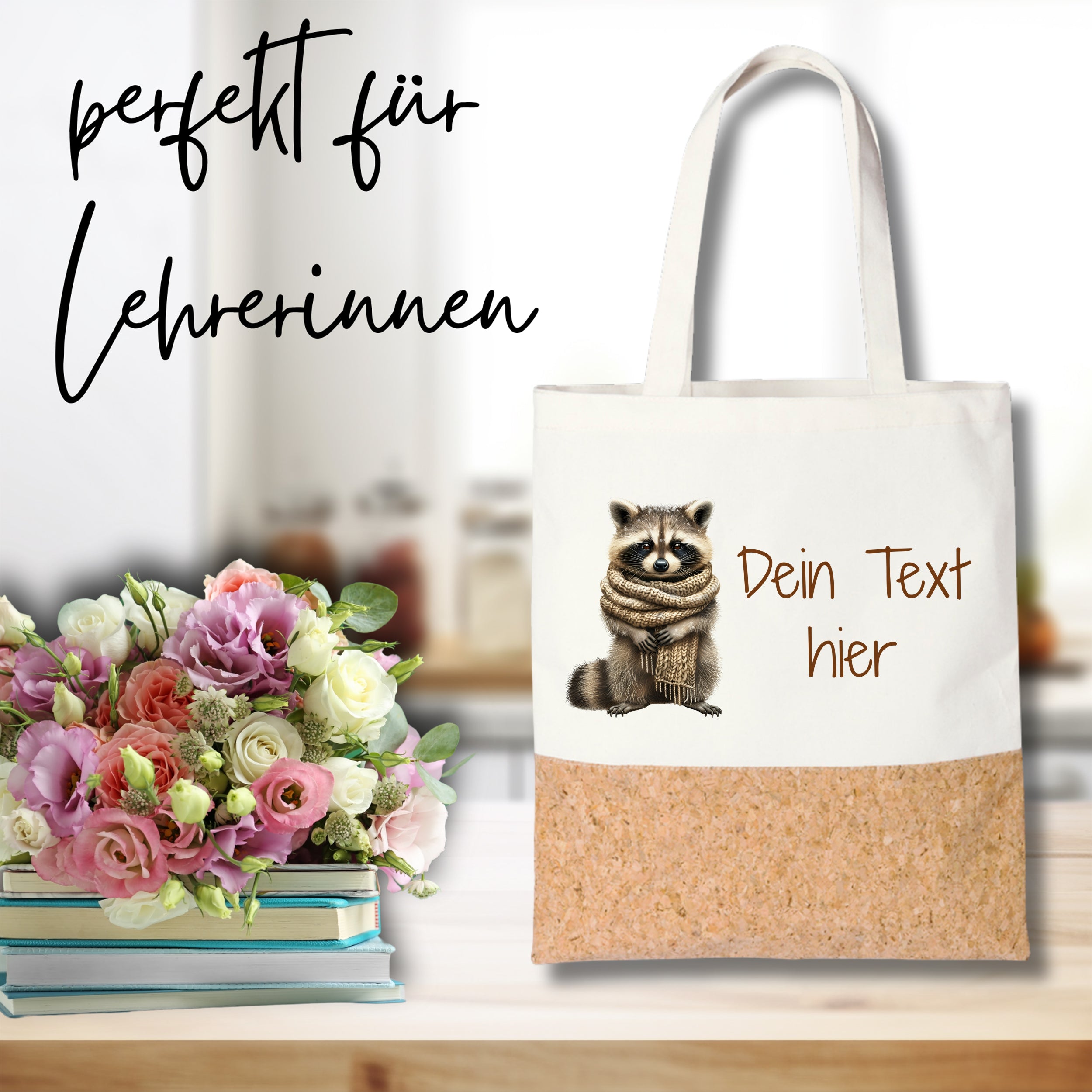 Stofftasche mit Waschbär-Motiv und Korkboden.