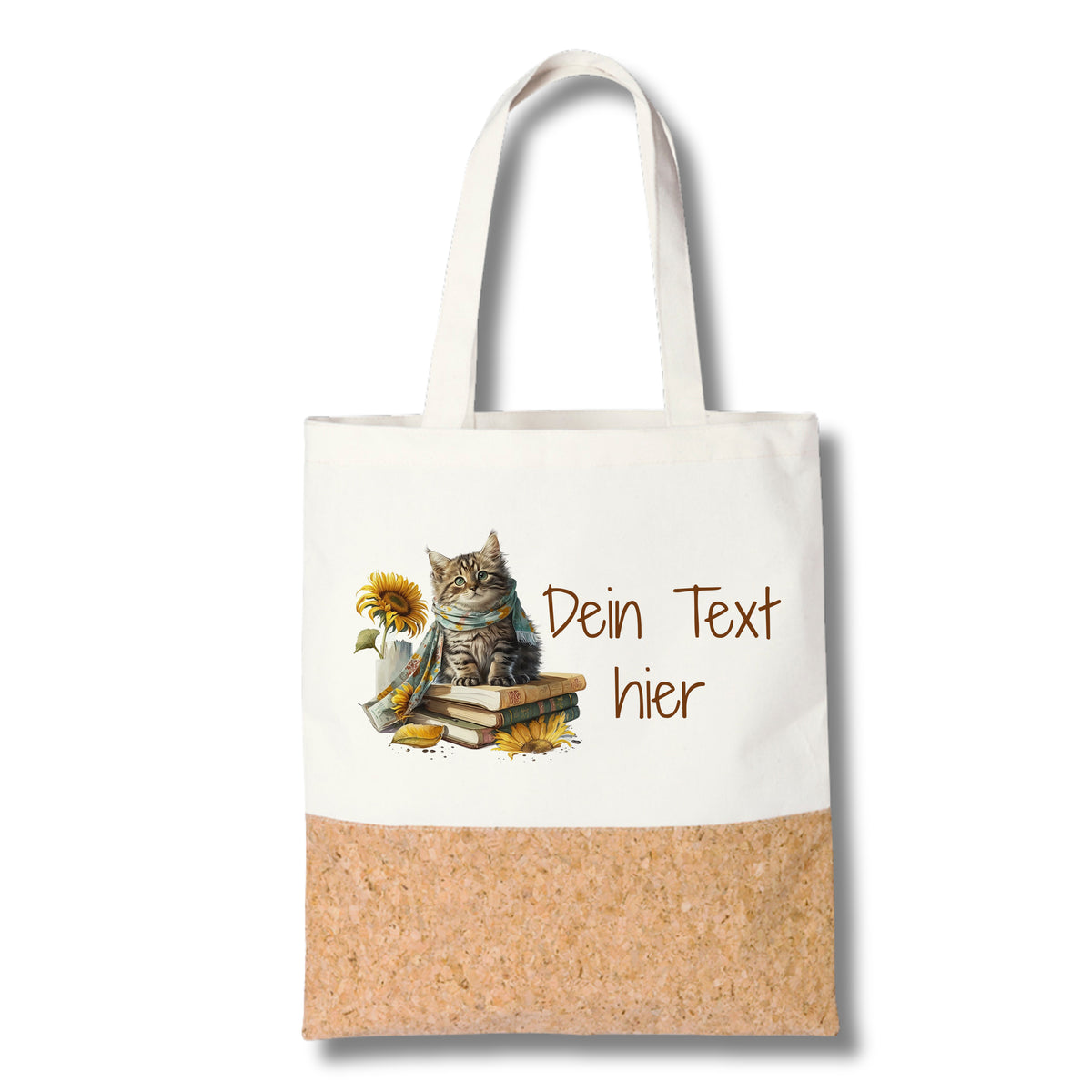 Stofftasche mit Katzenmotiv und Korkboden, personalisierbar.