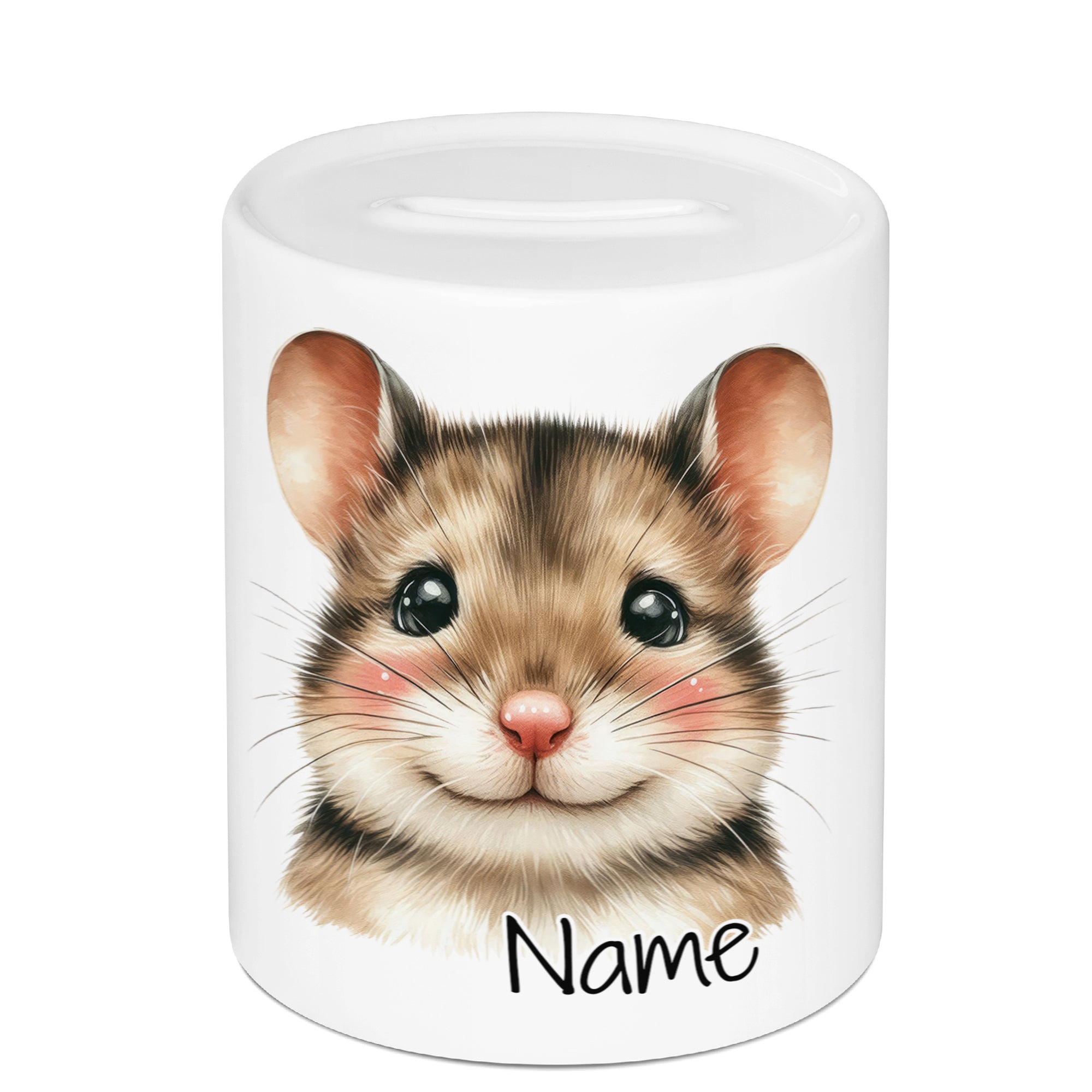 Spardose mit niedlichem Maus-Motiv und personalisierbarem Namen.