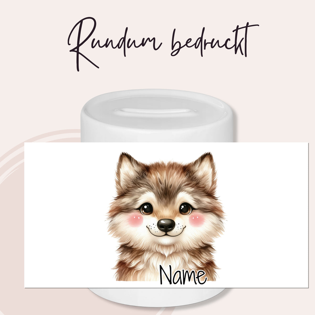 Runder Becher mit niedlichem Hundemotiv und personalisierbarem Namen.
