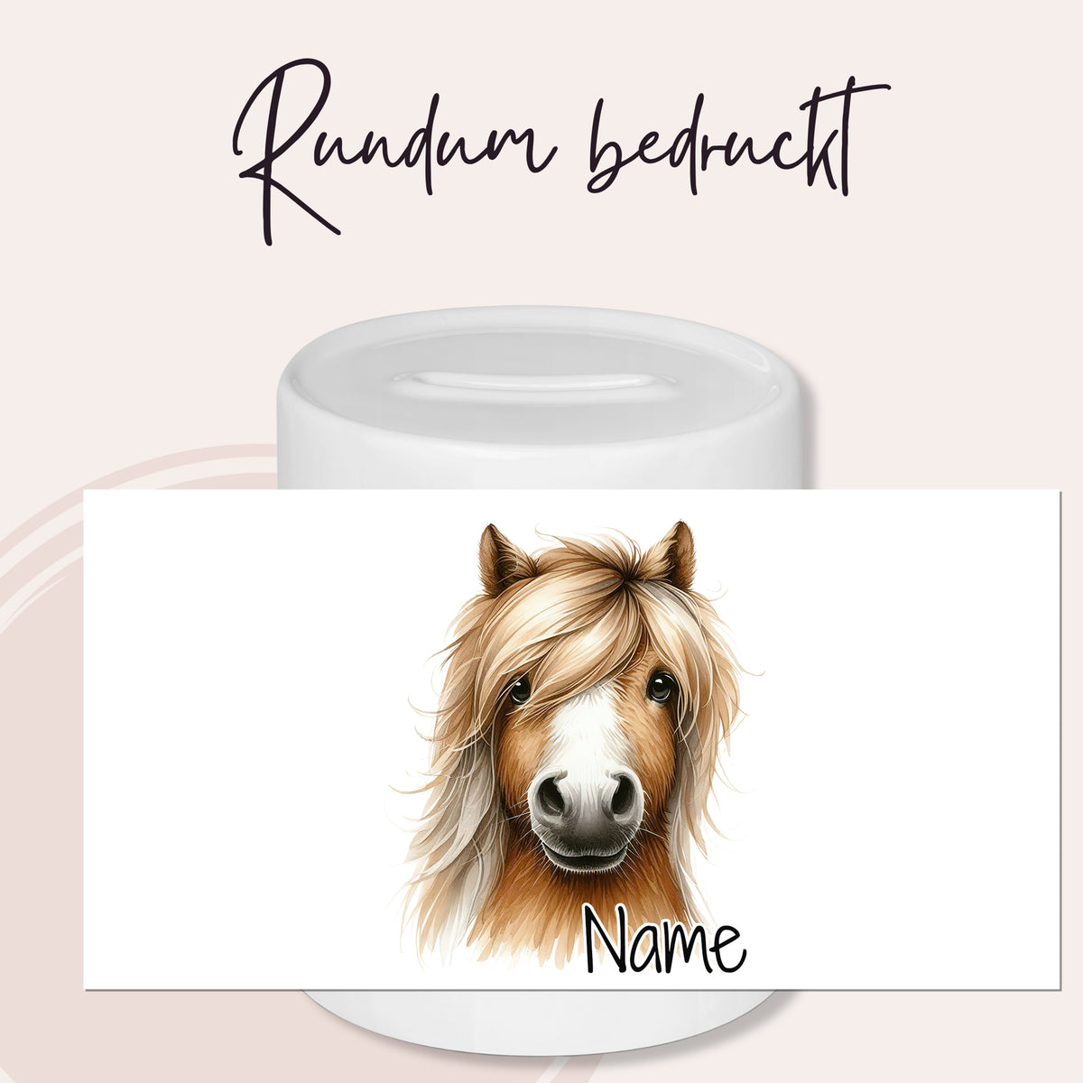 Rundum bedruckte Tasse mit Pferdekopf-Illustration und Name.