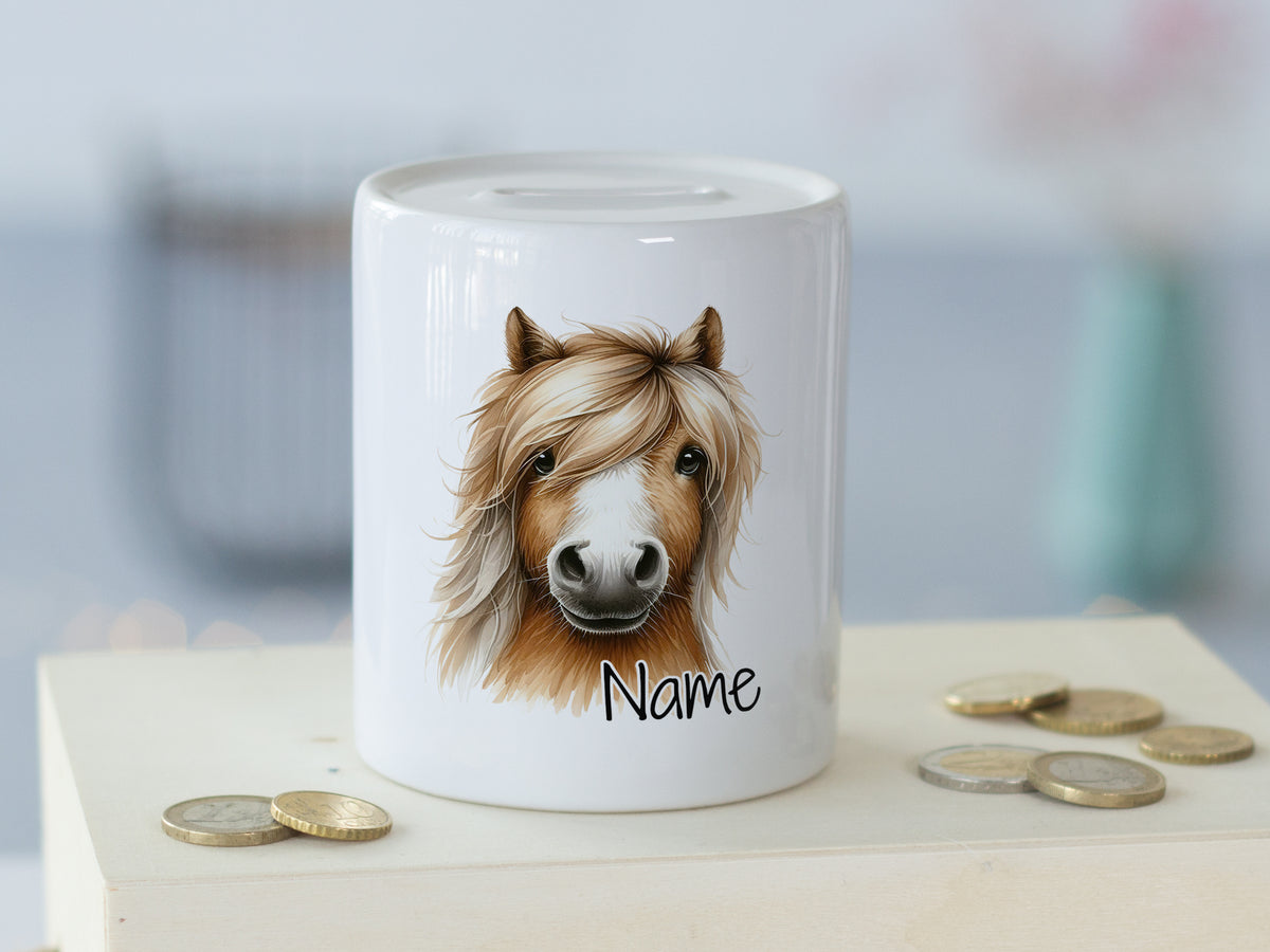 Spardose mit Pferdemotiv und personalisierbarem Namen.