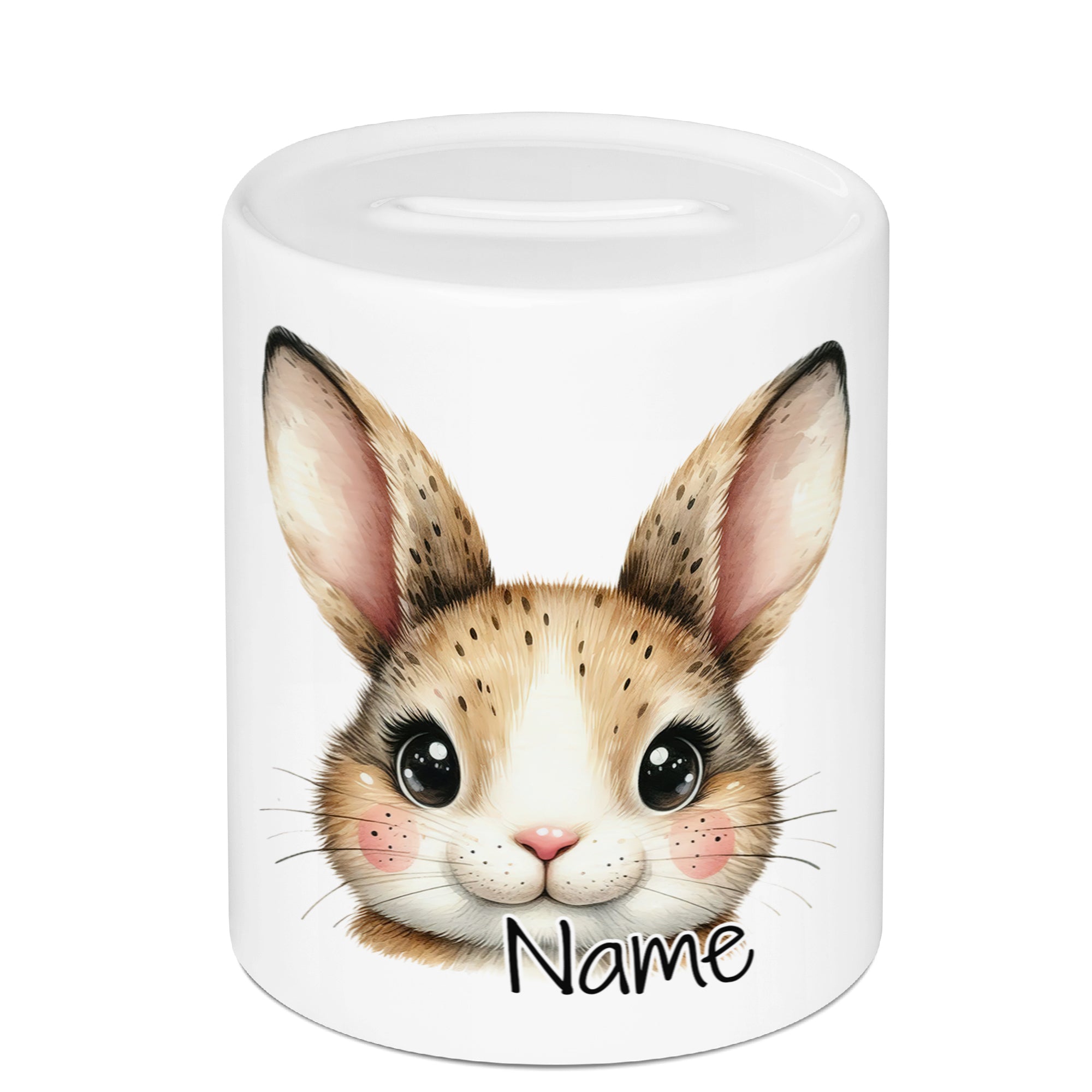 Weißer Spardose mit niedlichem Hasenmotiv und personalisierbarem Namen.