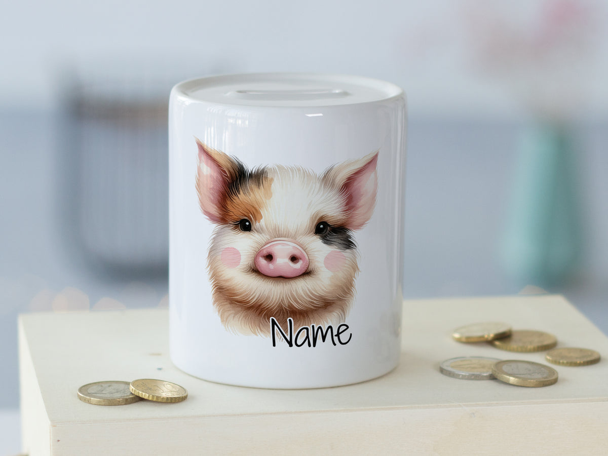 Sparschwein mit süßem Schweinchen-Motiv und Platz für Namen.