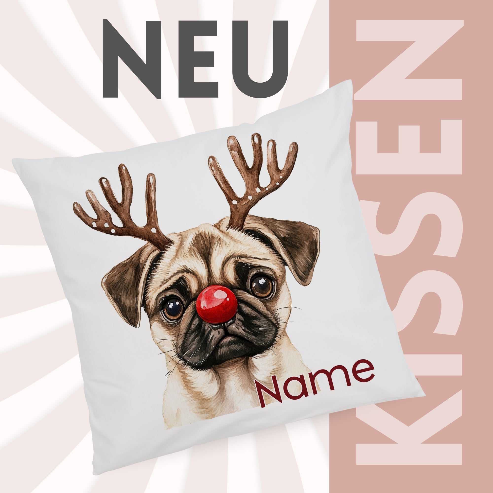 Kissen mit Pug, Rentiergeweih und roter Nase.