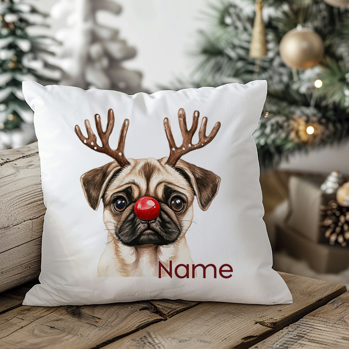 Kissen mit Pug, Weihnachtsgeweih und roter Nase.