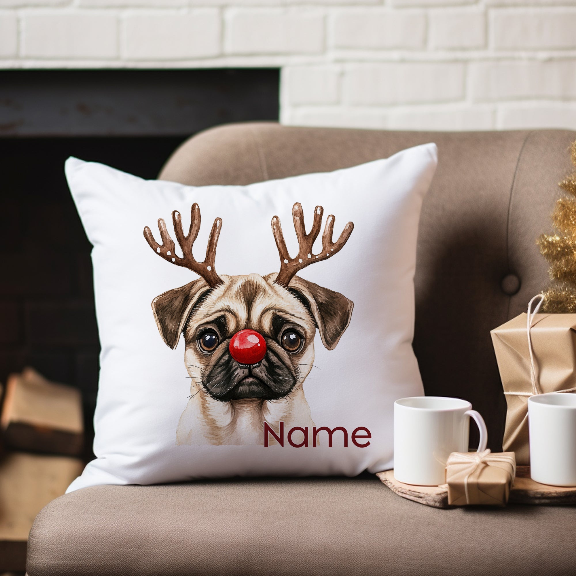Kissen mit Mops, Weihnachtsmütze, personalisierbar.