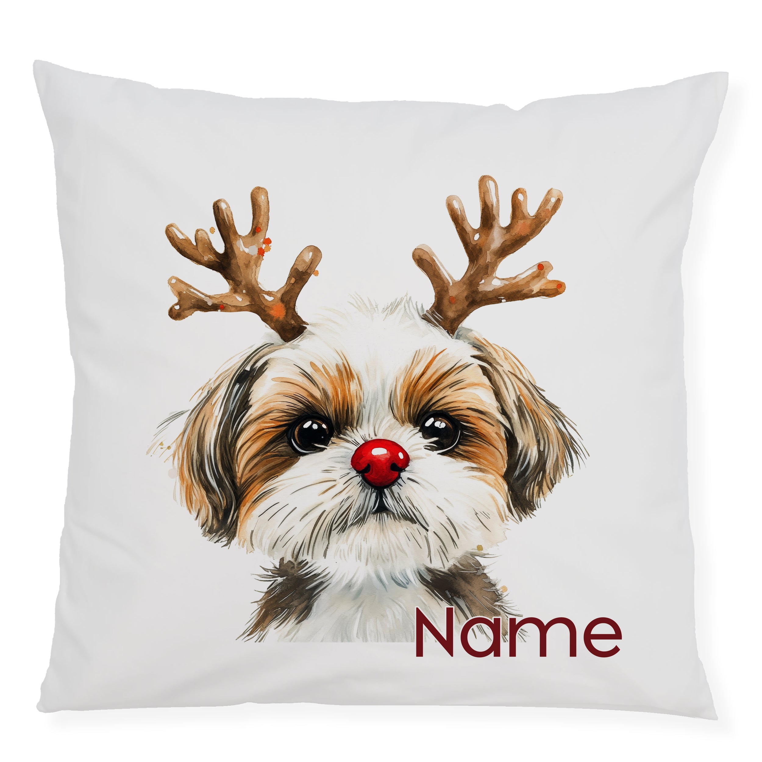 Kissen mit Hundemotiv, braune und weiße Farben, Weihnachtsdesign.