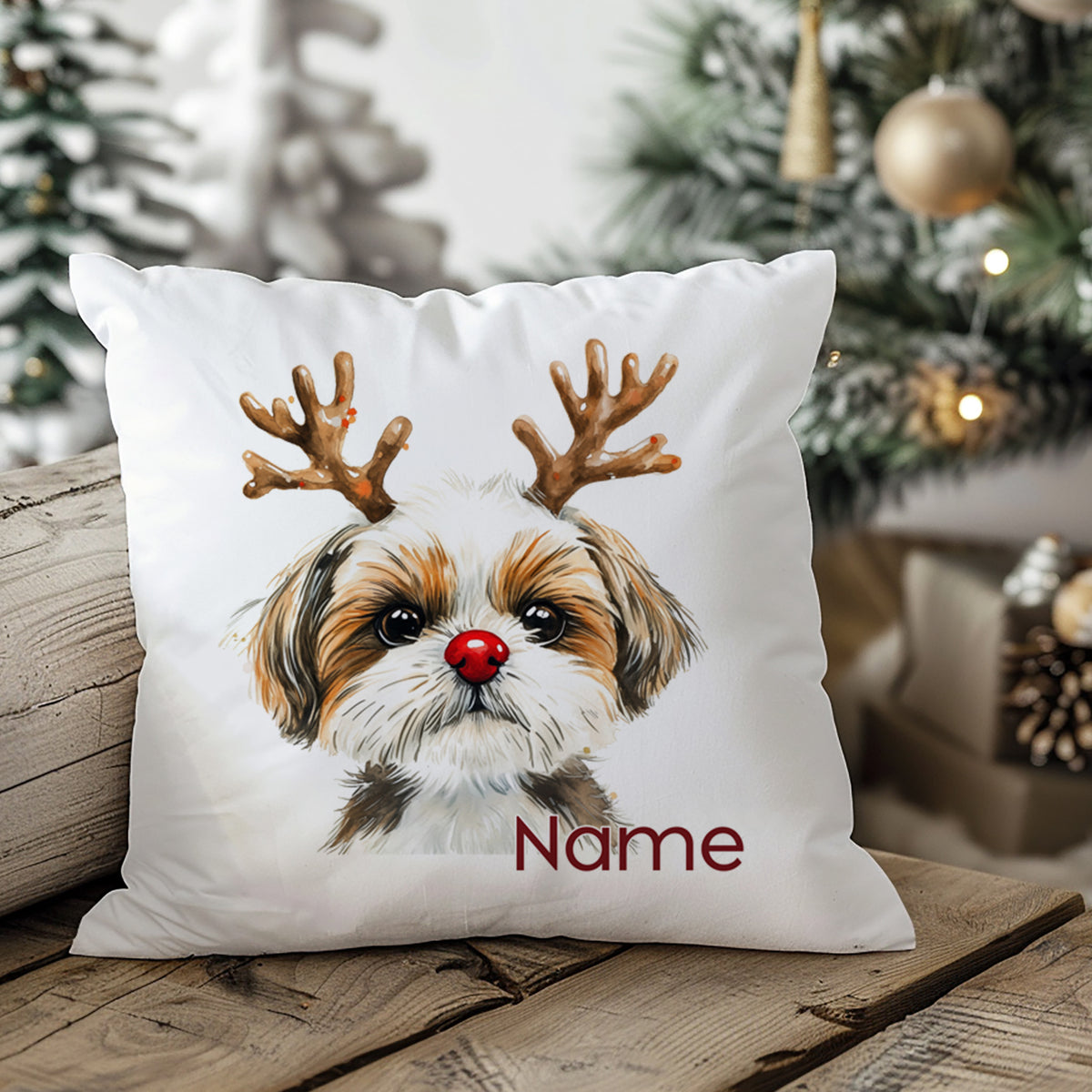 Kissen mit Hund, roten Nasen und Geweih, personalisierbar.