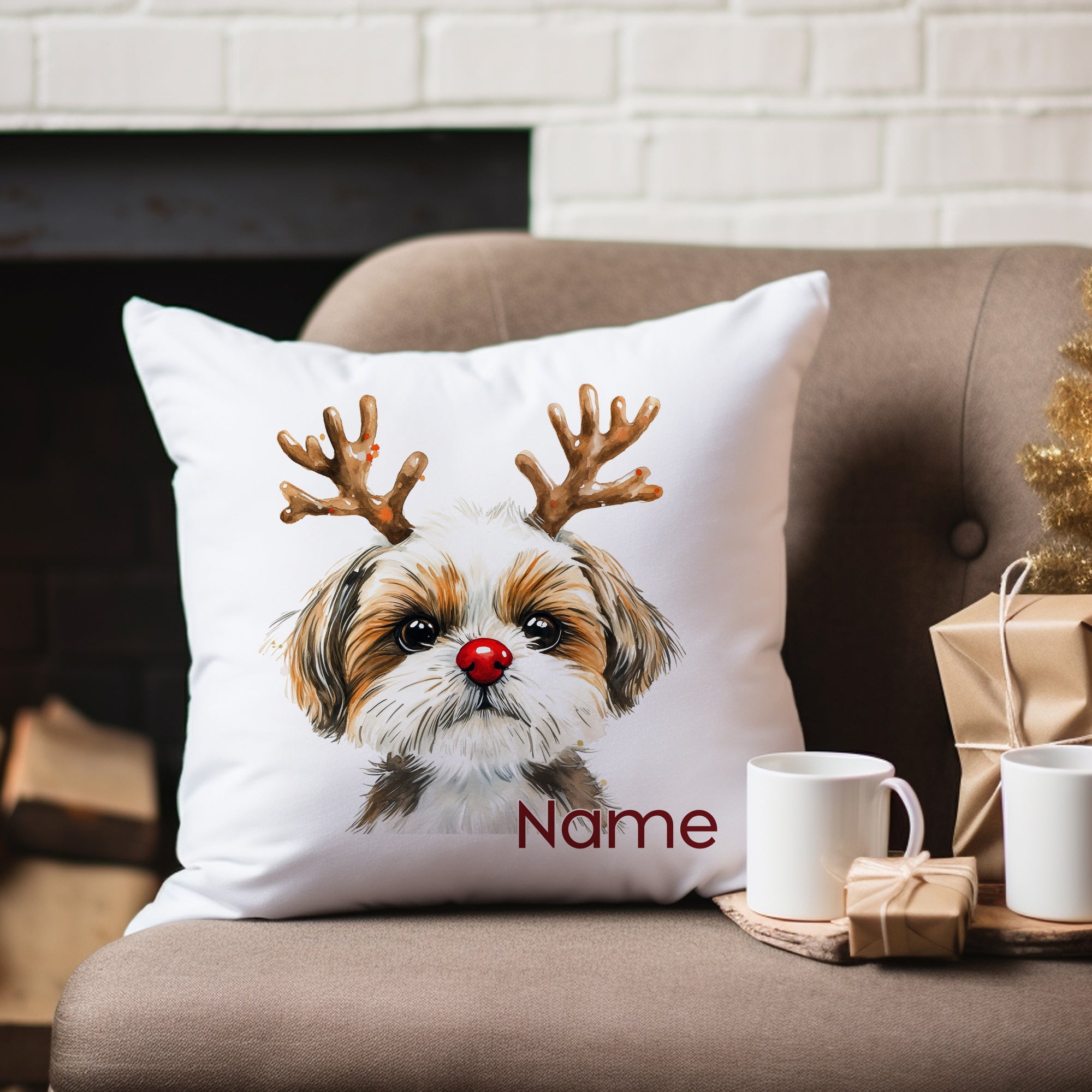Kissen mit Hundemotiv, weiße Farbe, Weihnachtsdeko.