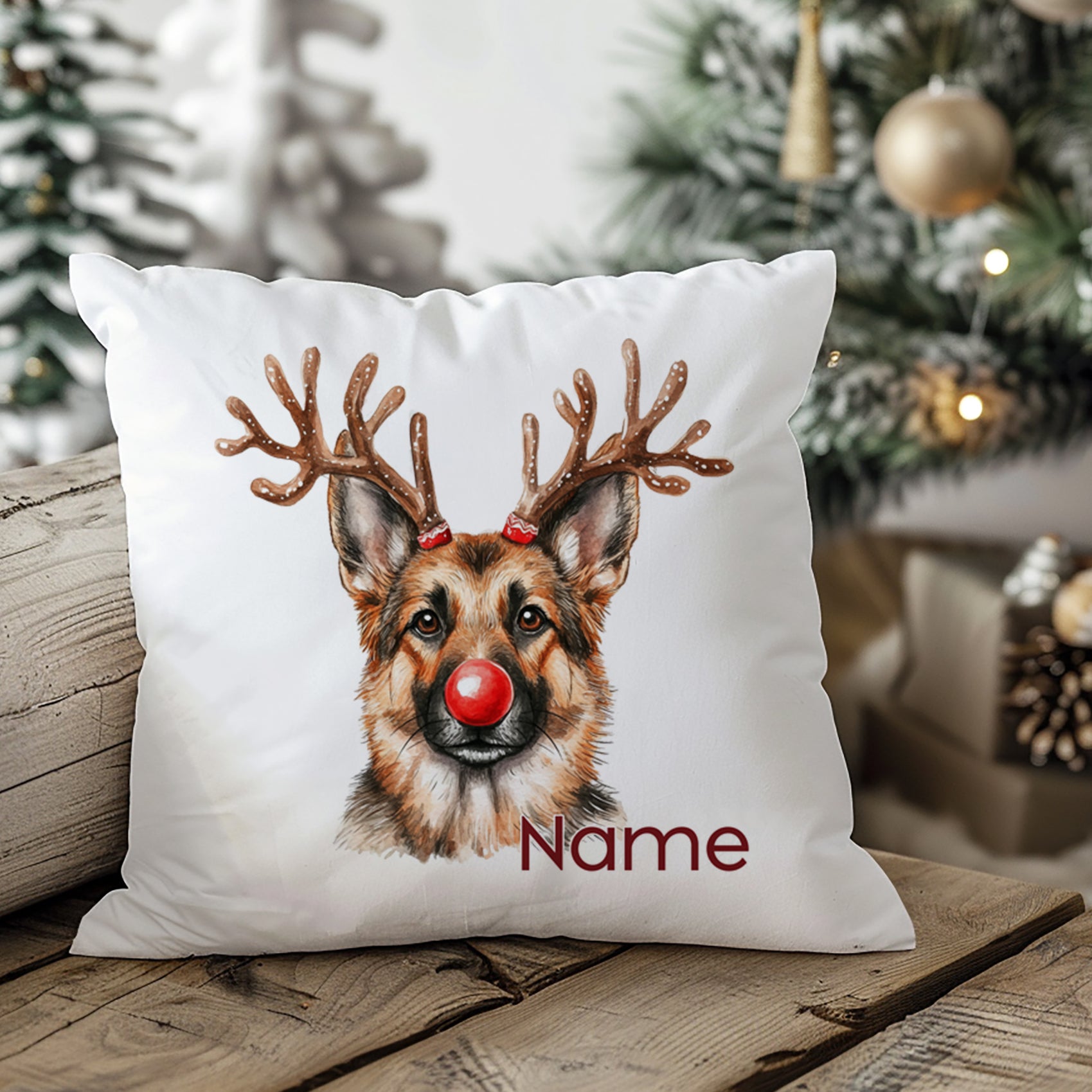 Kissen mit Hund, Weihnachtsmann-Motiv, rote Nase, personalisierbar.
