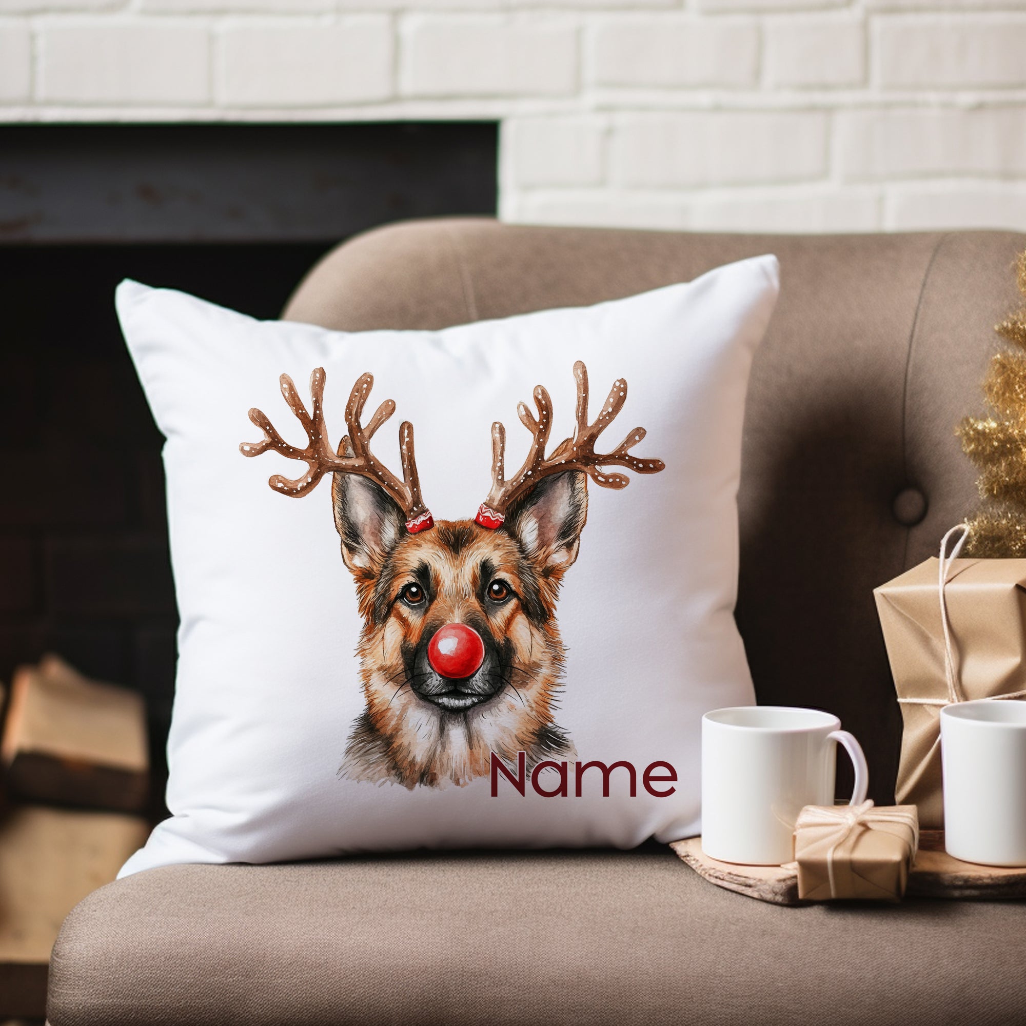 Kissen mit Hundemotiv, Weihnachtsdeko, weiße Farbe, personalisierbar.