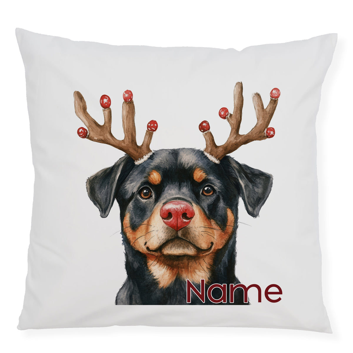 Kissen mit Rottweiler und Geweih, personalisierbar.