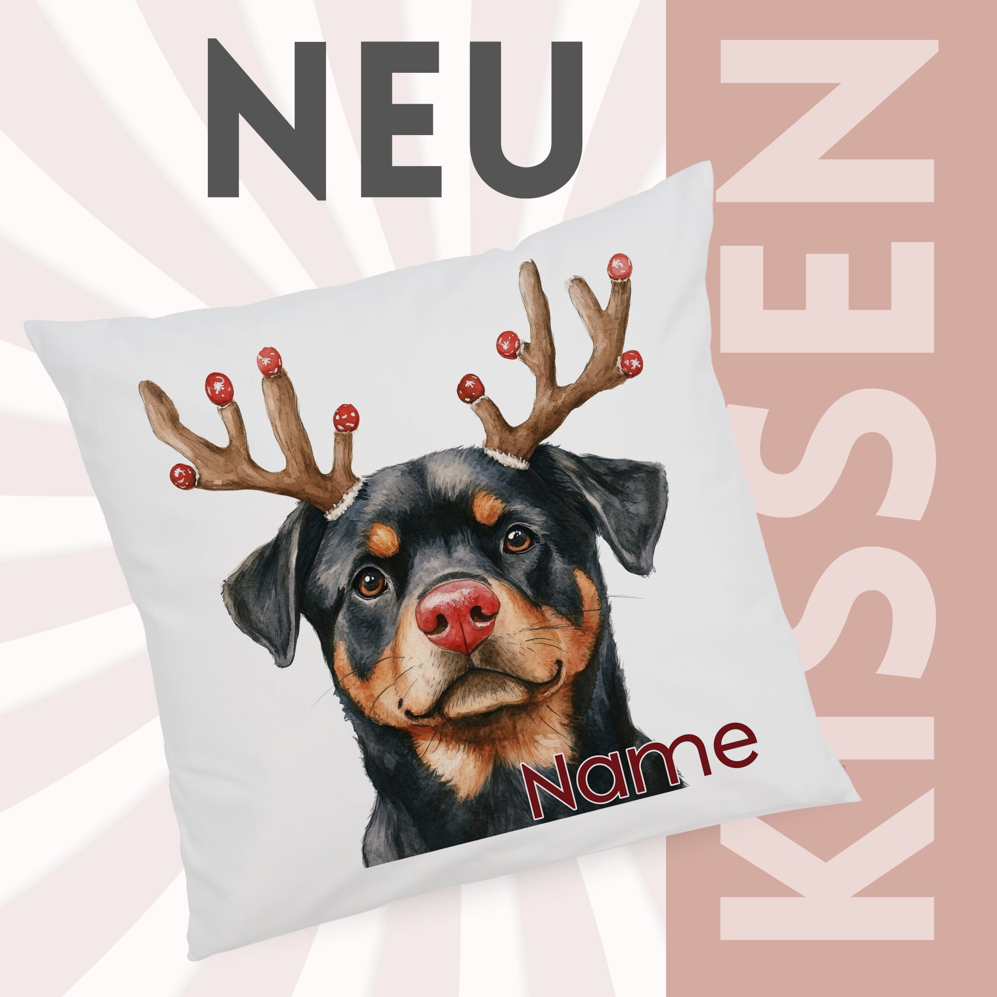Kissen mit Rottweiler-Motiv und Weihnachtsgeweih, personalisierbar.