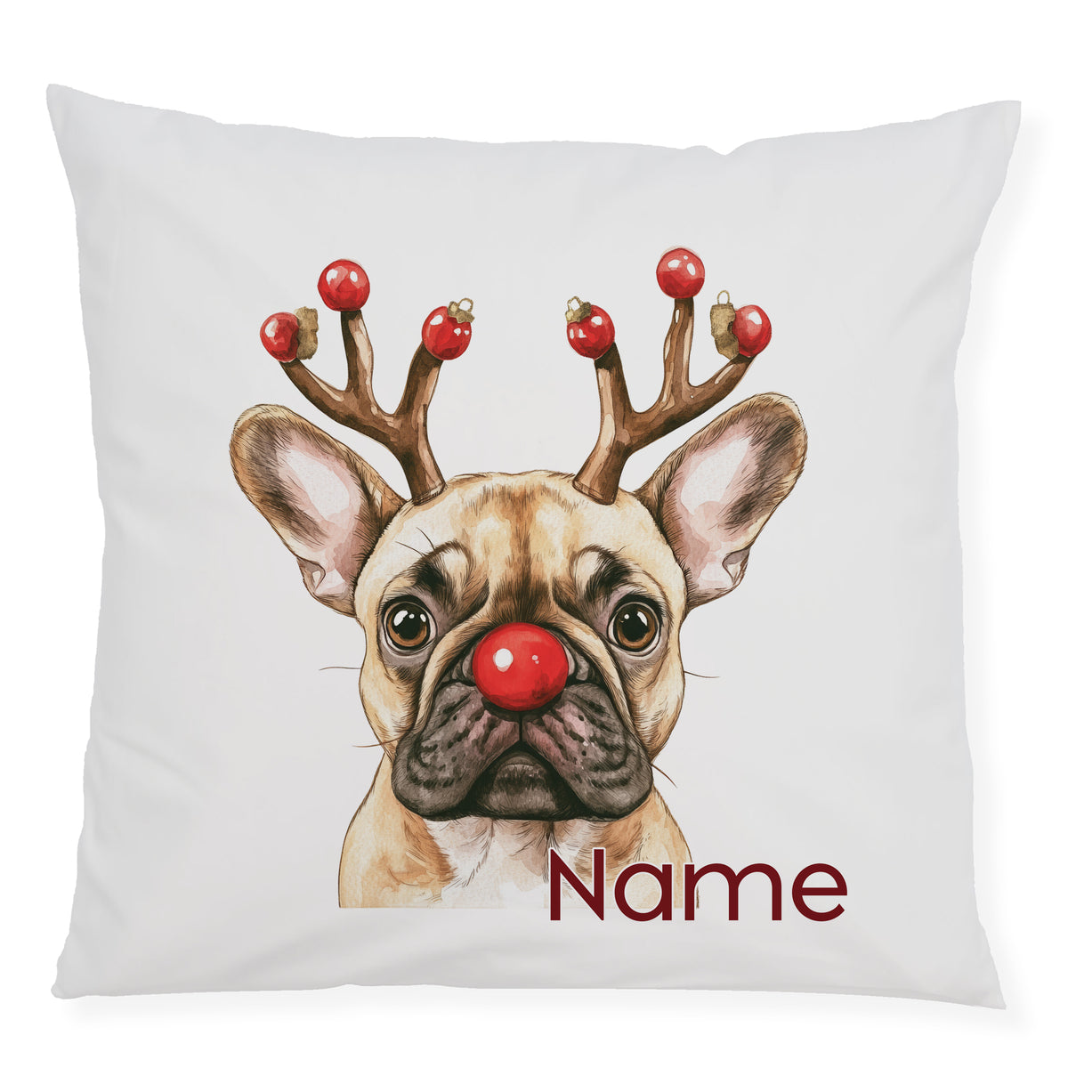 Kissen mit französischem Bulldoggen-Motiv und Weihnachtsdeko.
