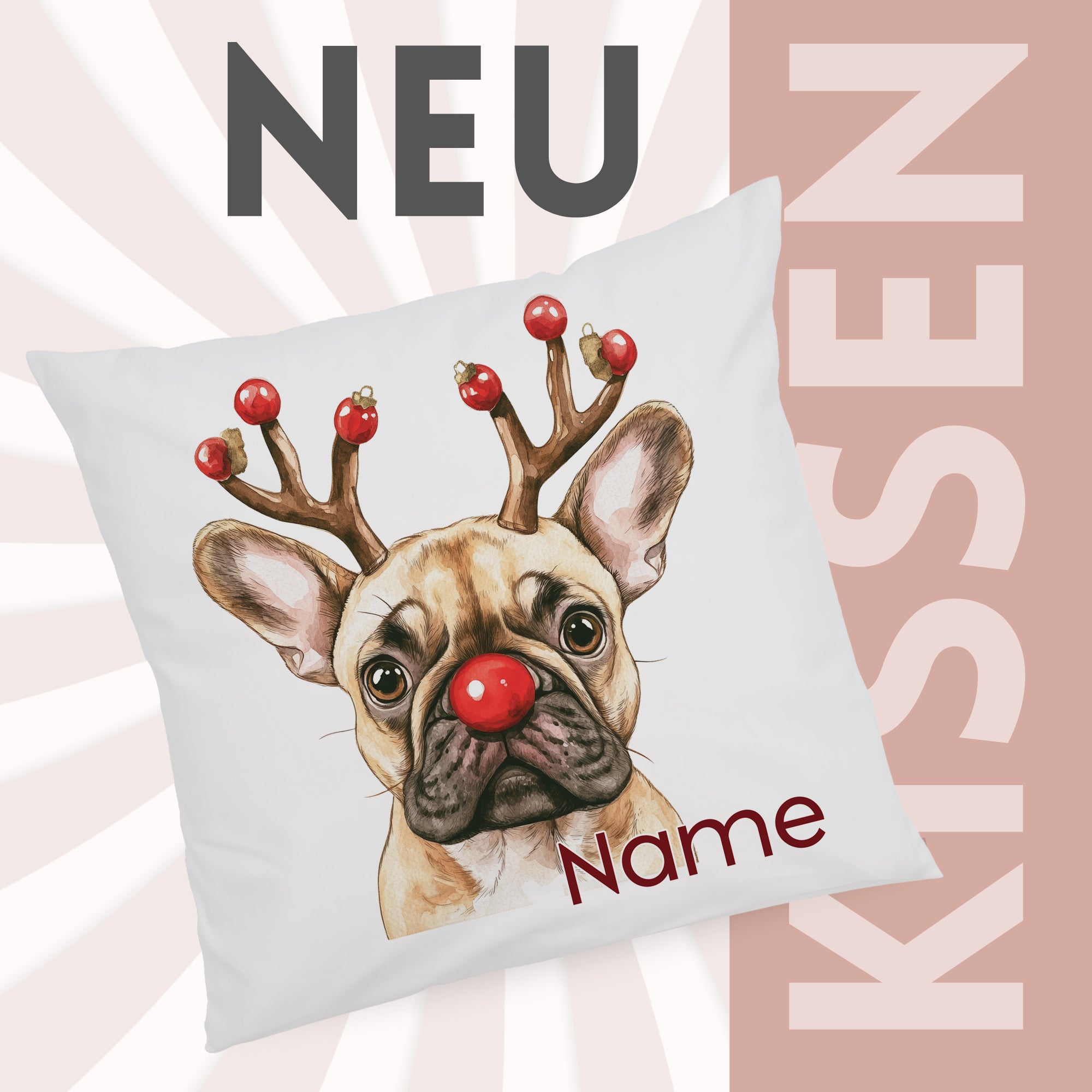 Kissen mit französischer Bulldogge, rote Weihnachtsdekoration.