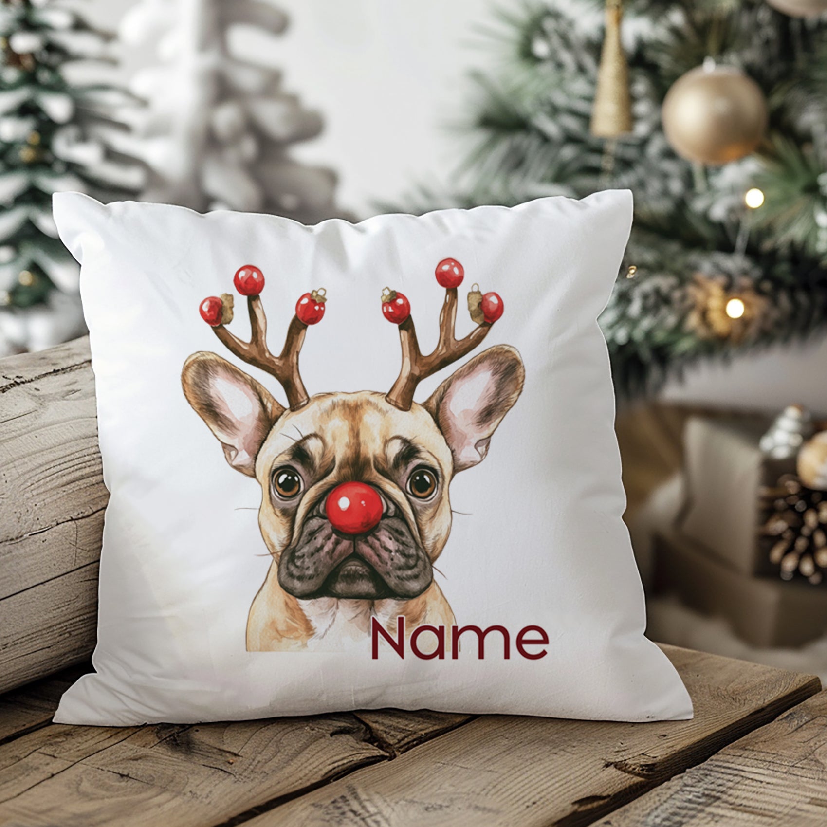 Kissen mit französischer Bulldogge, Weihnachtsdeko, rote Nase.