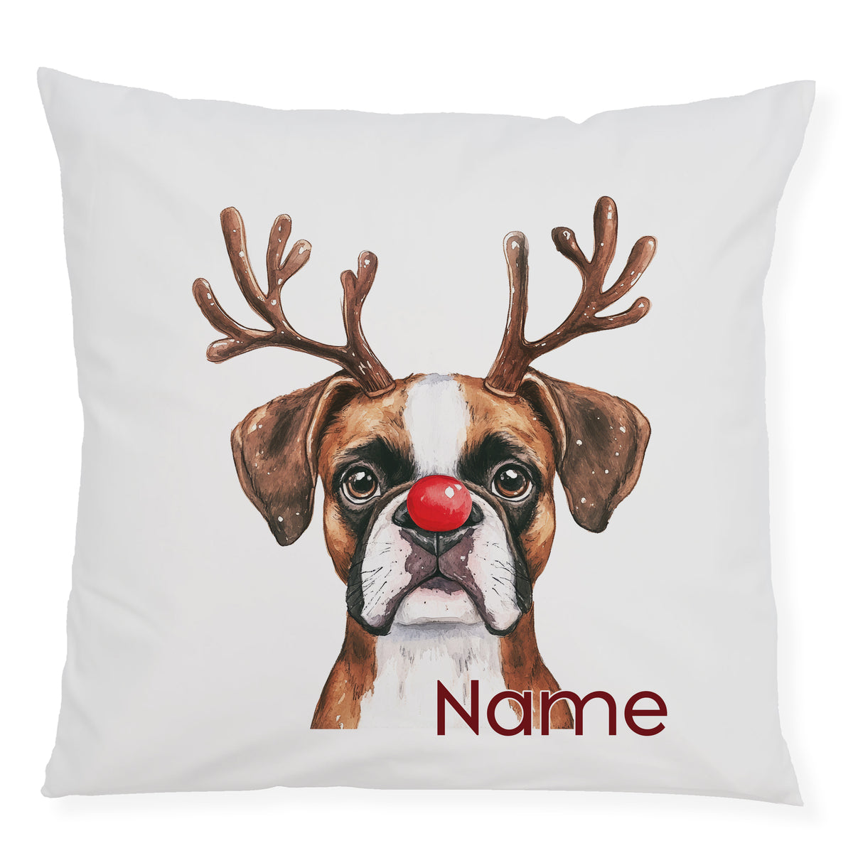Kissen mit Hund, Weihnachtsmann-Rentiere, rote Nase, personalisierbar.