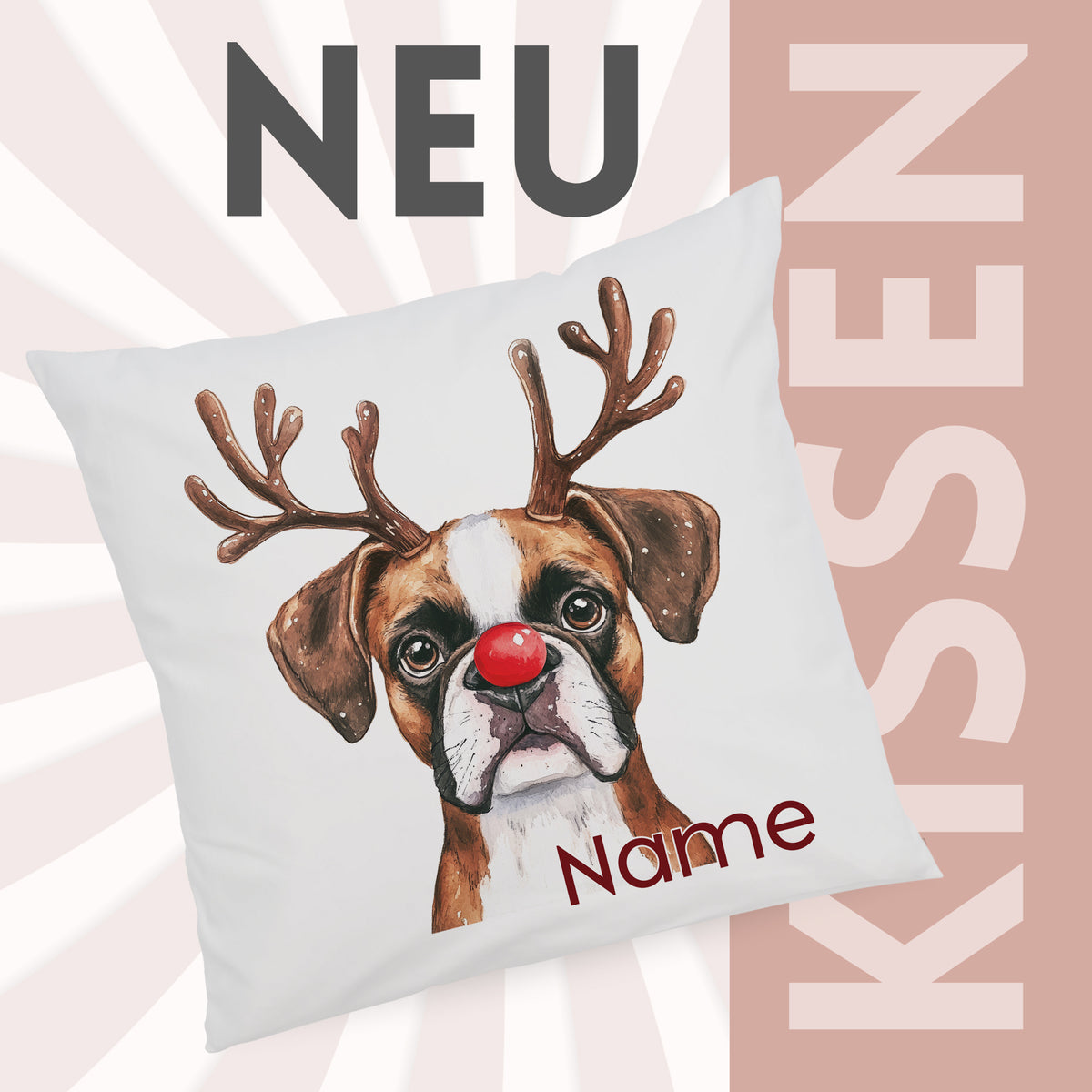 Kissen mit Hundemotiv, braun und weiß, Weihnachtsdesign.