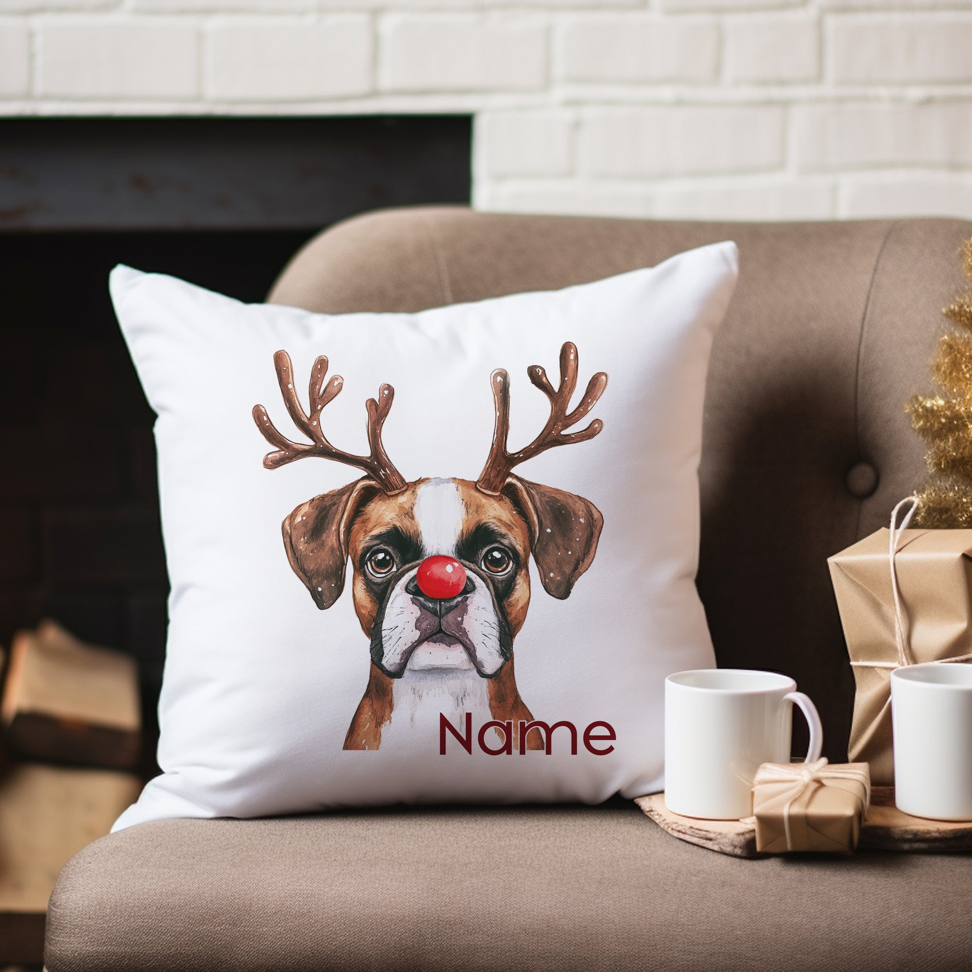 Kissen mit Hund, braune Farben, Weihnachtsdeko, personalisierbar.