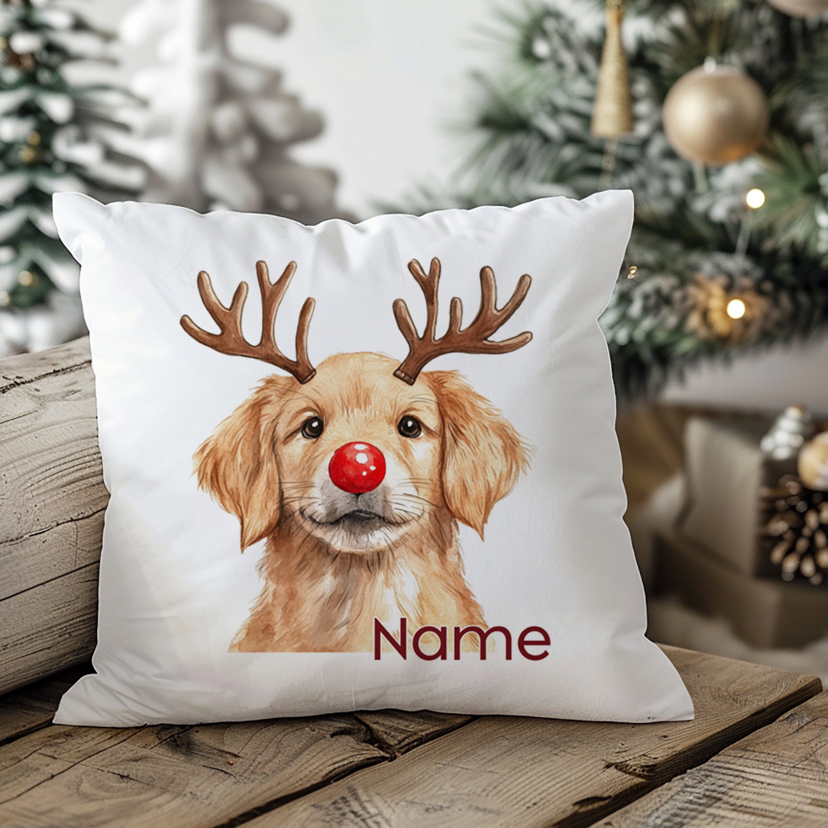 Kissen mit Hund im Weihnachtsdesign, rote Nase, personalisierbar.