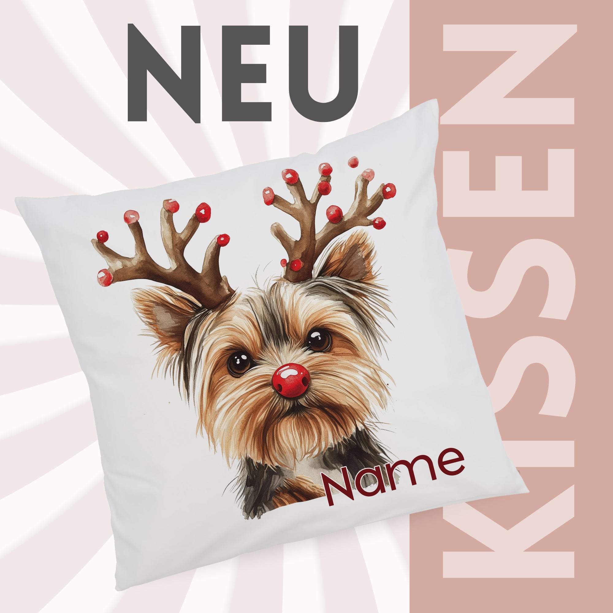 Kissen mit Yorkshire Terrier und Weihnachtsdeko, personalisierbar.