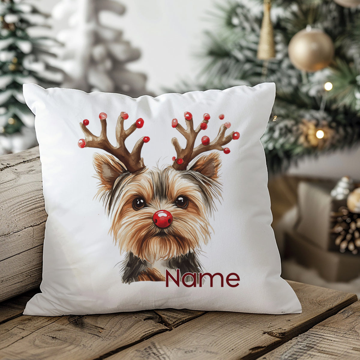 Kissen mit Yorkshire Terrier, Weihnachtsmütze und personalisierbarem Namen.