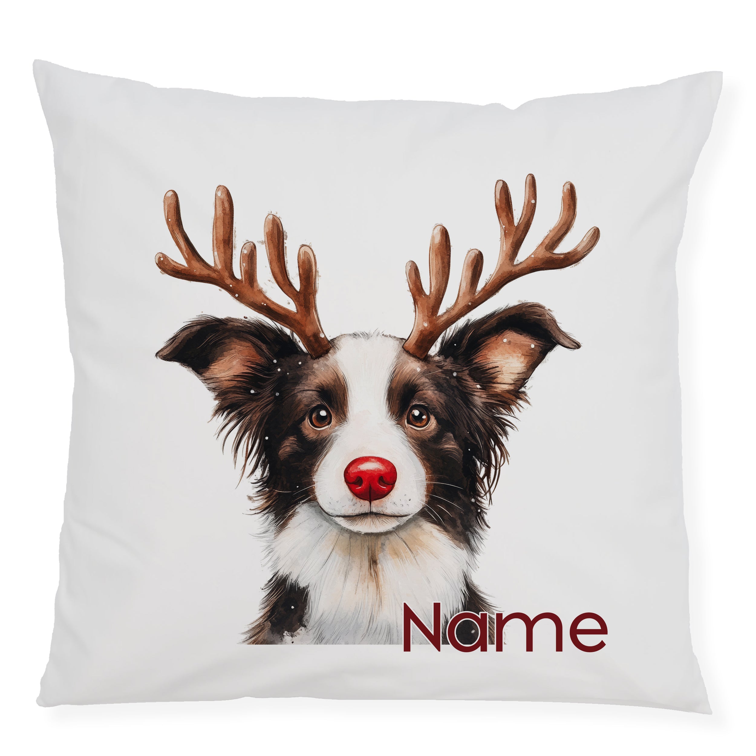 Kissen mit Hund, Weihnachtsmütze, personalisierbar, weiß.