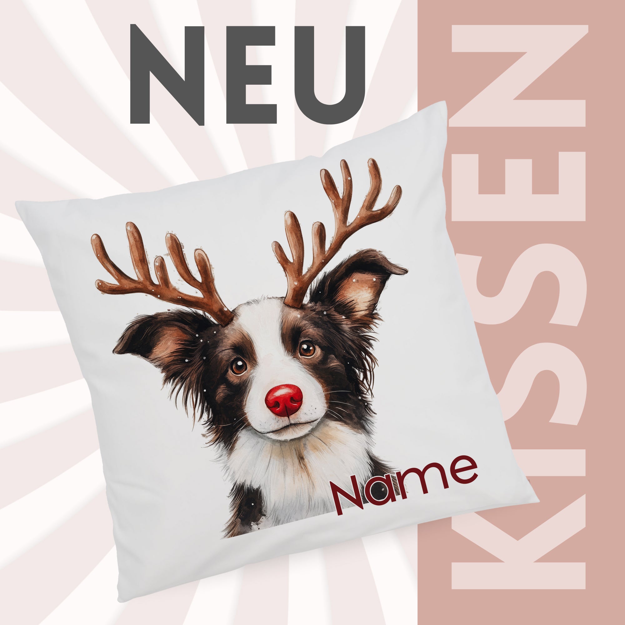 Kissen mit Border Collie und Weihnachtsgeweih, weiß.