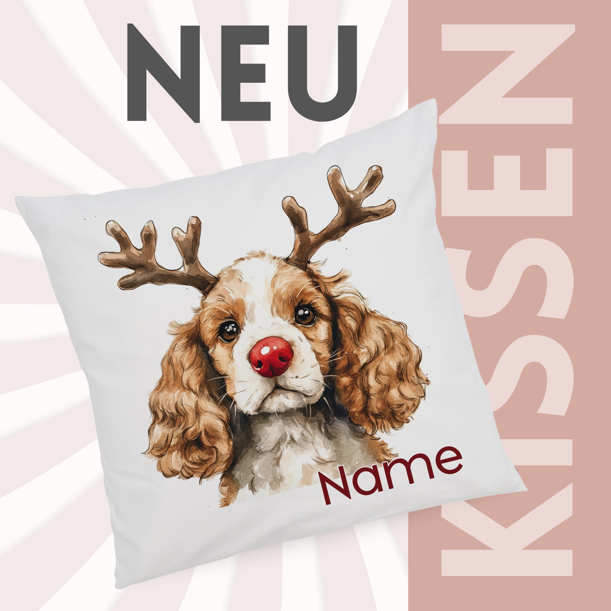 Kissen mit Hundemotiv, braun-weiße Farben, Weihnachtsdesign.