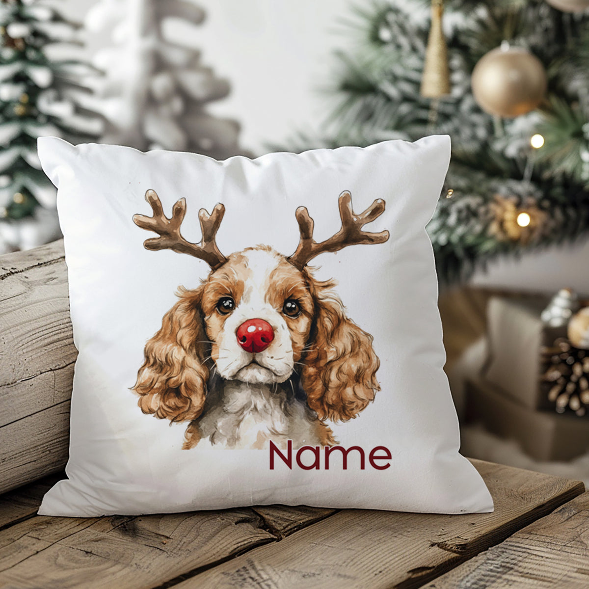 Kissen mit Hundemotiv, braun-weißer Cocker Spaniel, Weihnachtsdeko.