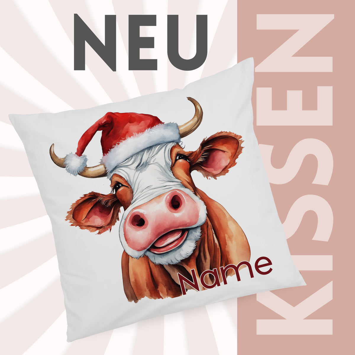 Kissenbezug Kuh mit Weihnachtsmütze