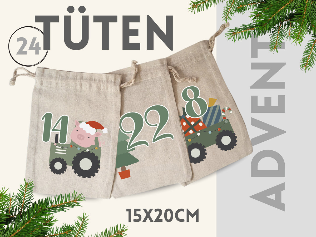 24 Adventstüten in Beige mit bunten Motiven und Zahlen.
