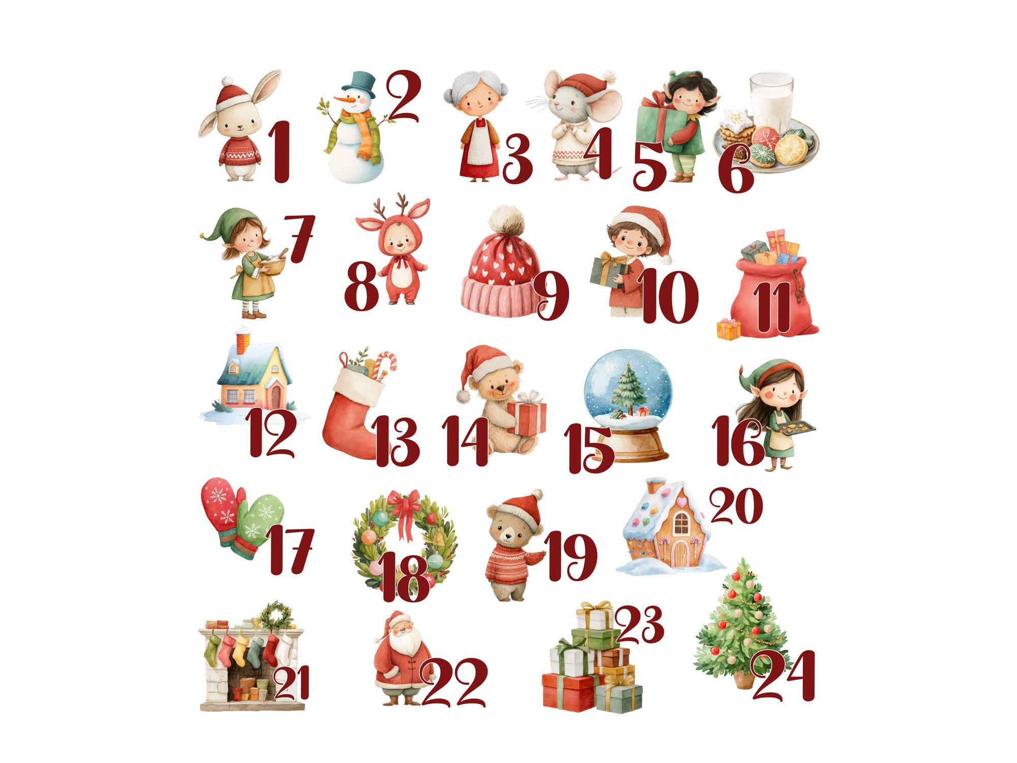 Adventskalender mit Weihnachtsmotiven, rot und grün.
