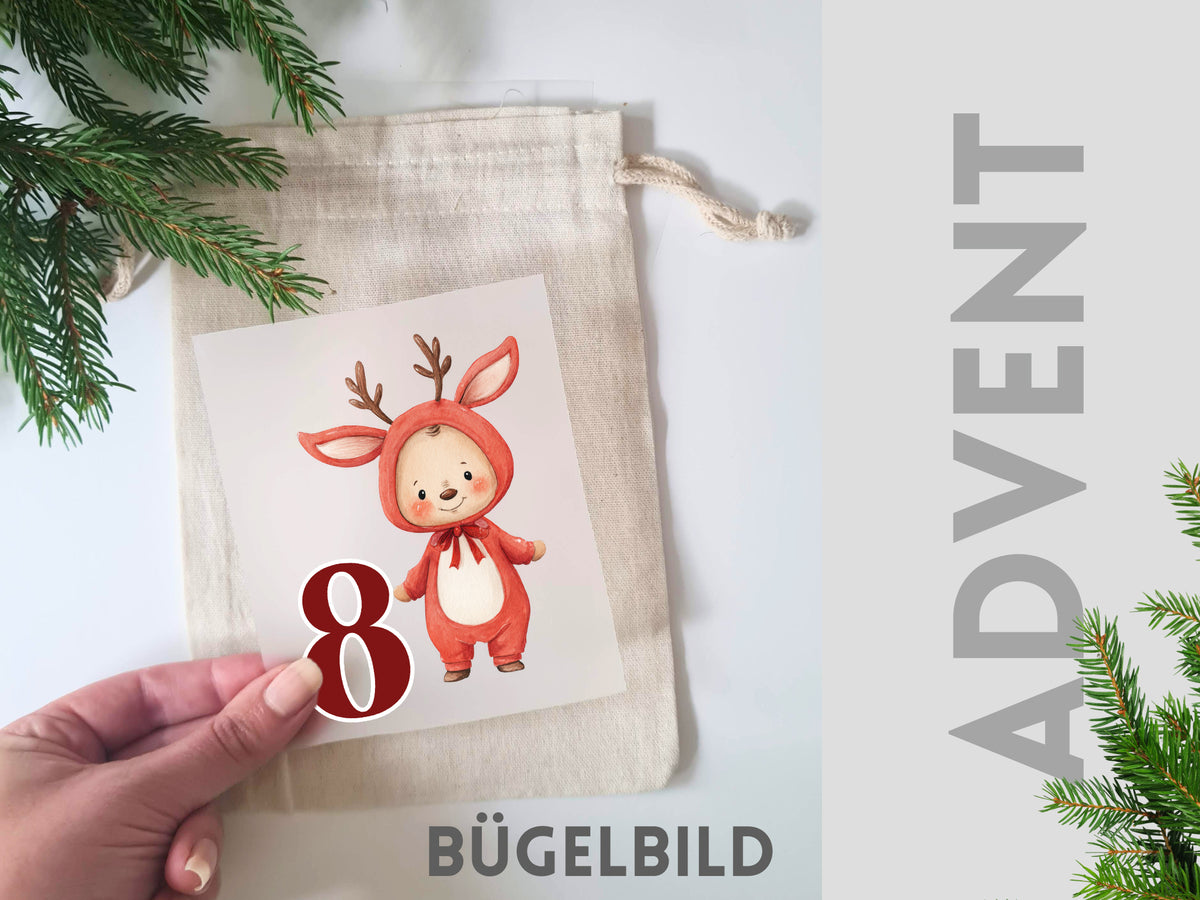 Bügelbild mit Weihnachtsmotiv, rot und beige, Adventsnummer 8.
