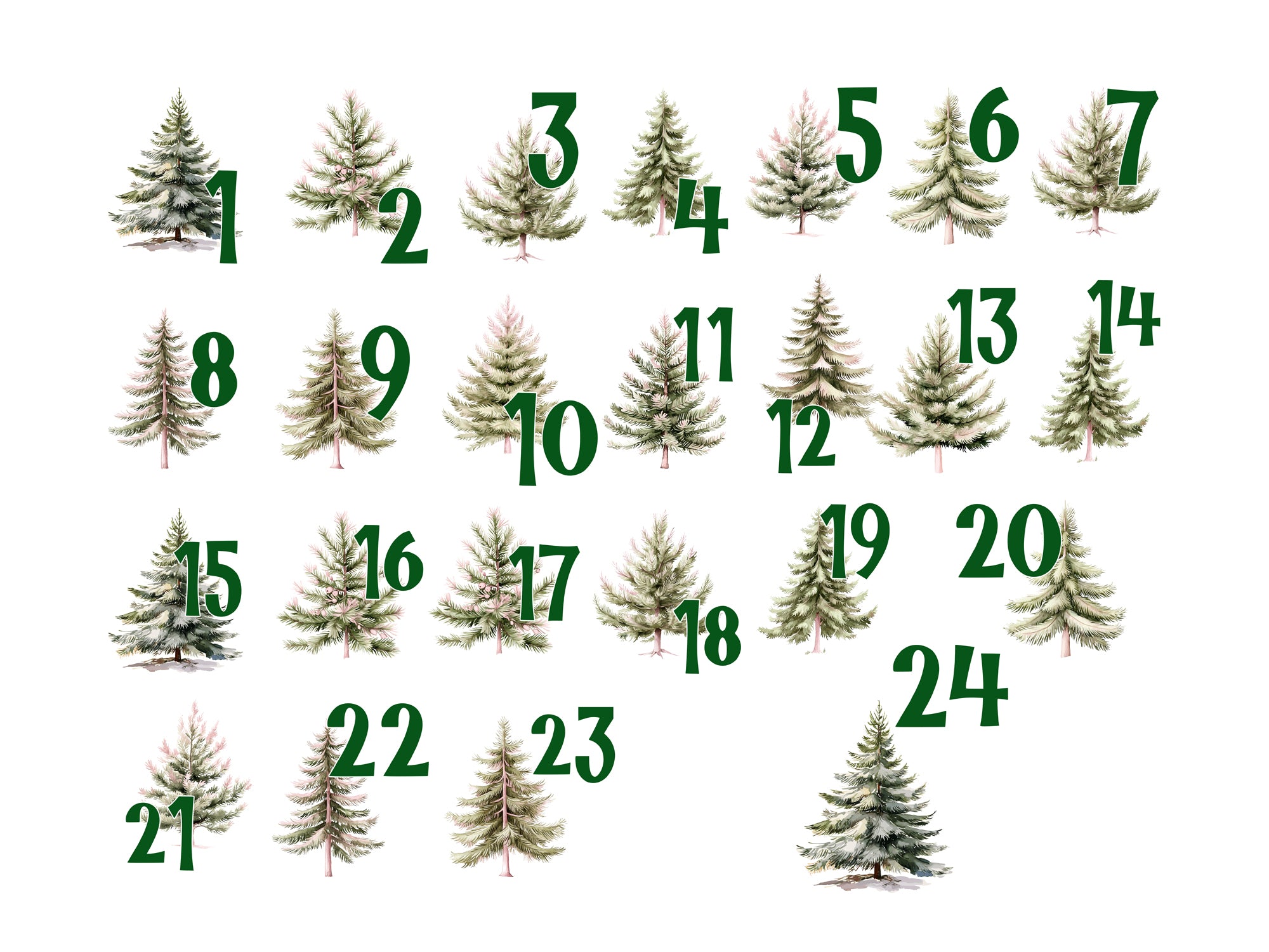 Adventskalender mit grünen Tannenbäumen und Zahlen.