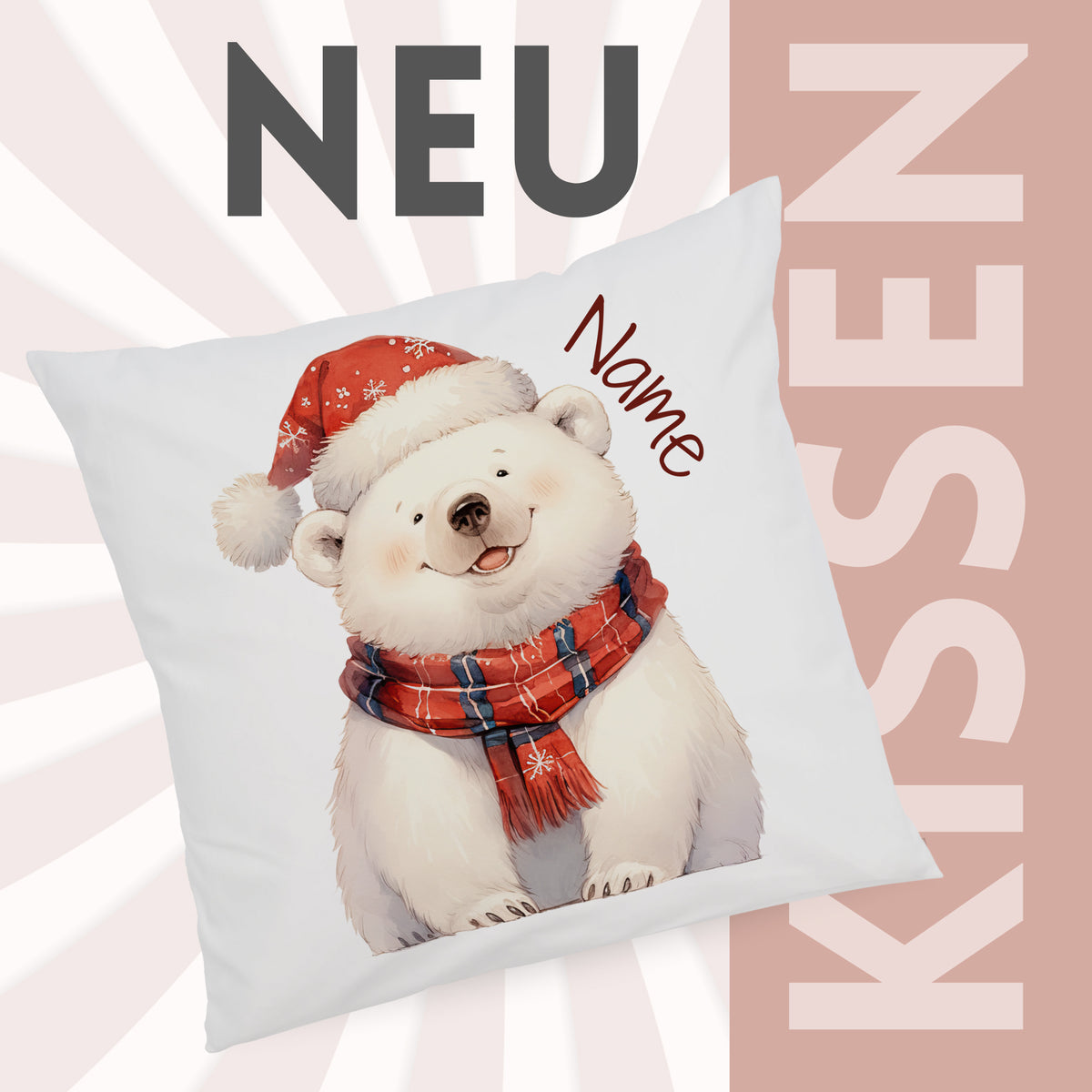 Kissen mit niedlichem Eisbären, rotem Weihnachtsmütze und Schal.