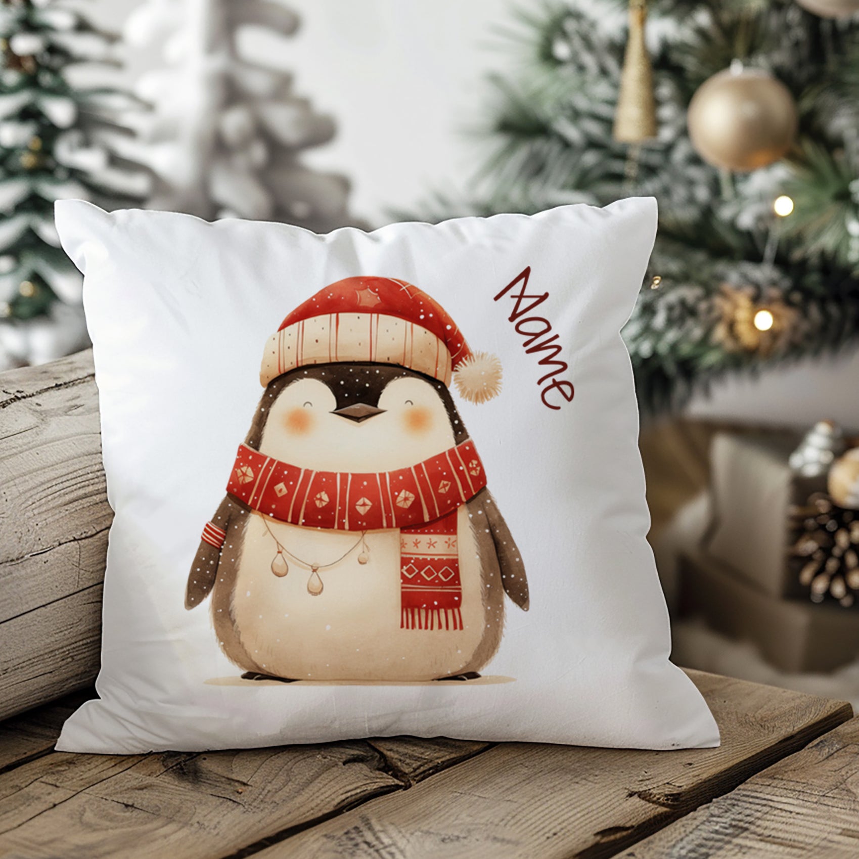 Kissen mit niedlichem Pinguin im Weihnachtslook, rot-weiße Mütze.