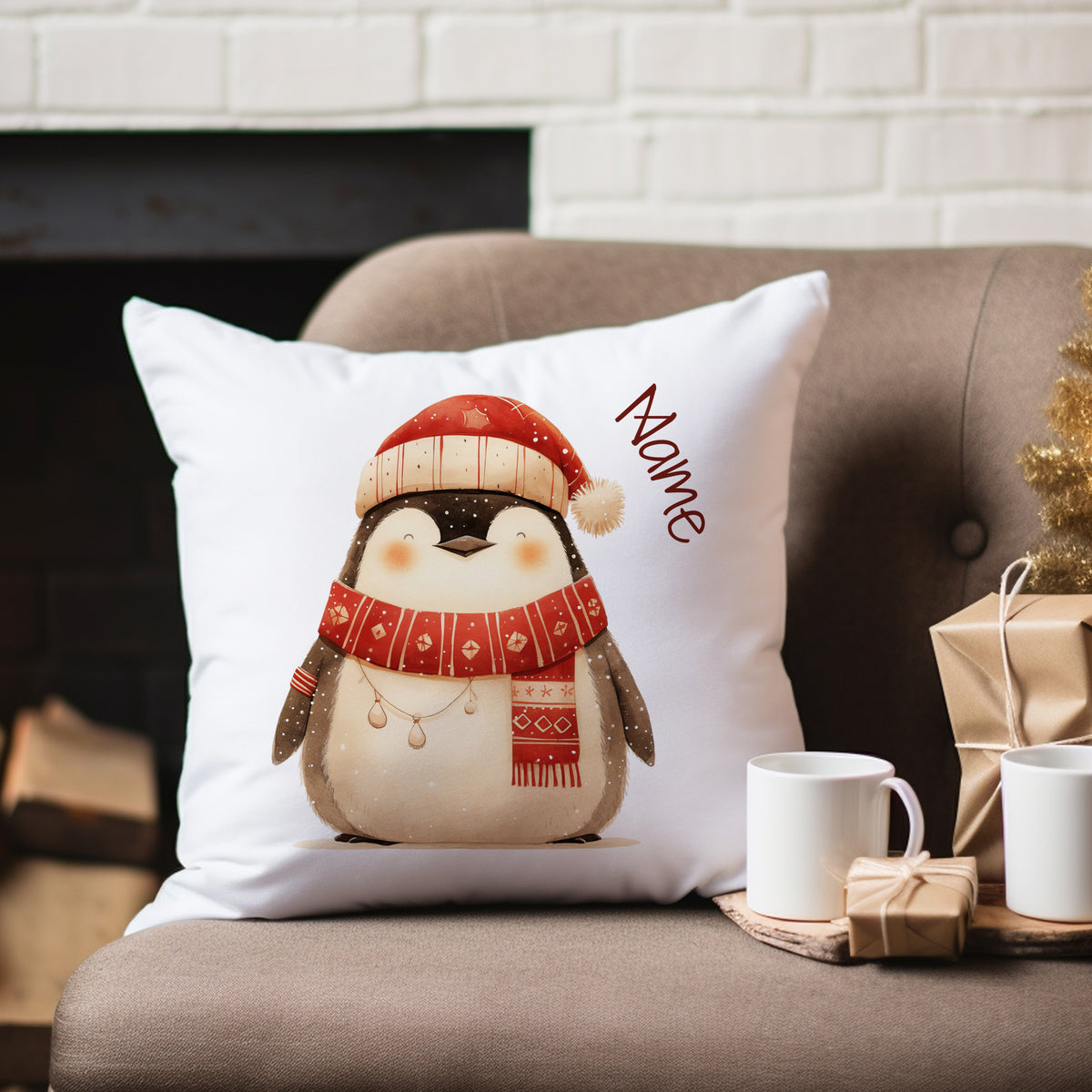 Kissen mit niedlichem Pinguin in rotem Schal und Mütze.