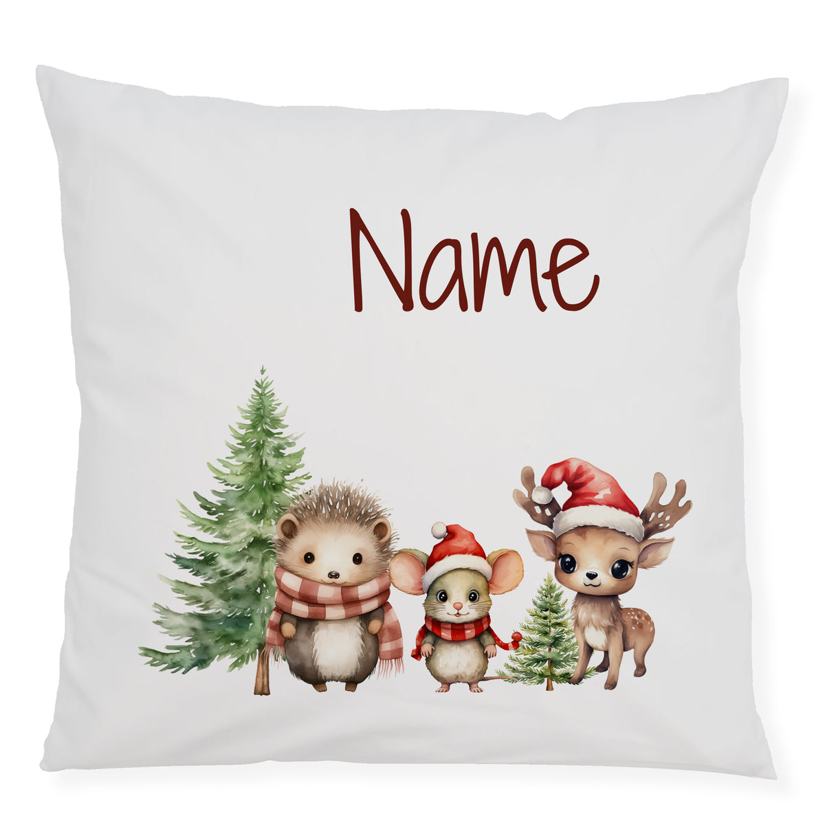 Kissen mit niedlichen Tieren, Weihnachtsmützen und Tannenbäumen.