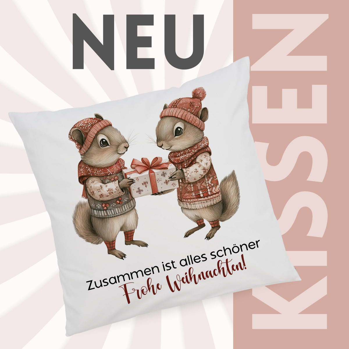 Kissen mit Weihnachtsmotiven, zwei Eichhörnchen, festliche Farben.