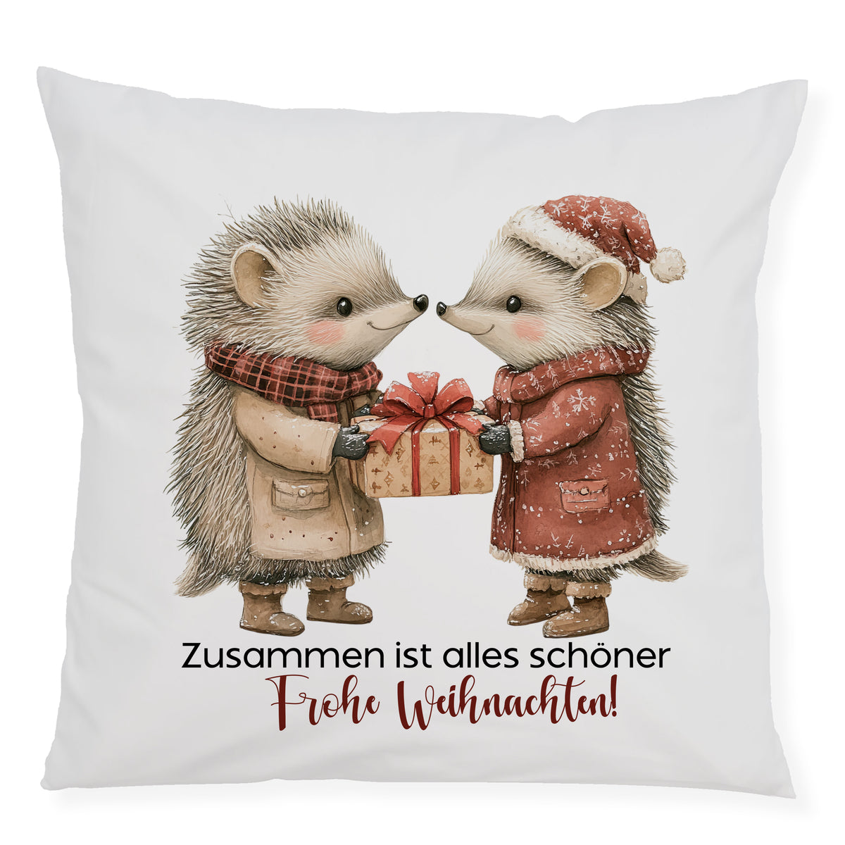 Kissen mit zwei Igeln, Weihnachtsgeschenk und frohen Farben.