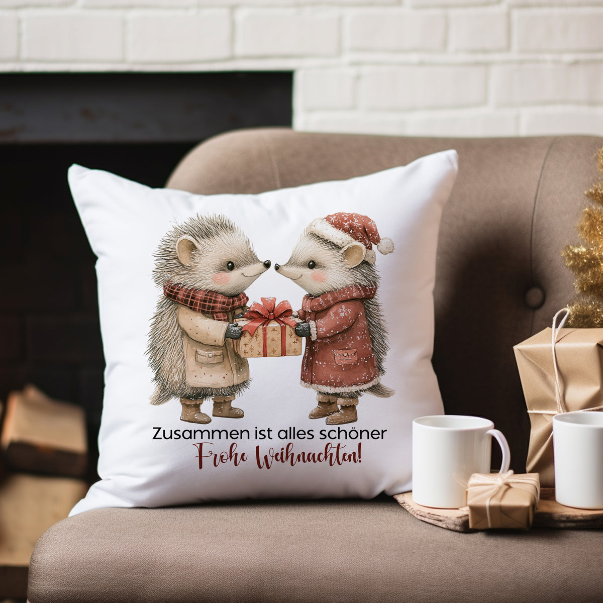Kissen mit Igeln, Weihnachtsgeschenk, Text: "Zusammen ist alles schöner, Frohe Weihnachten!"