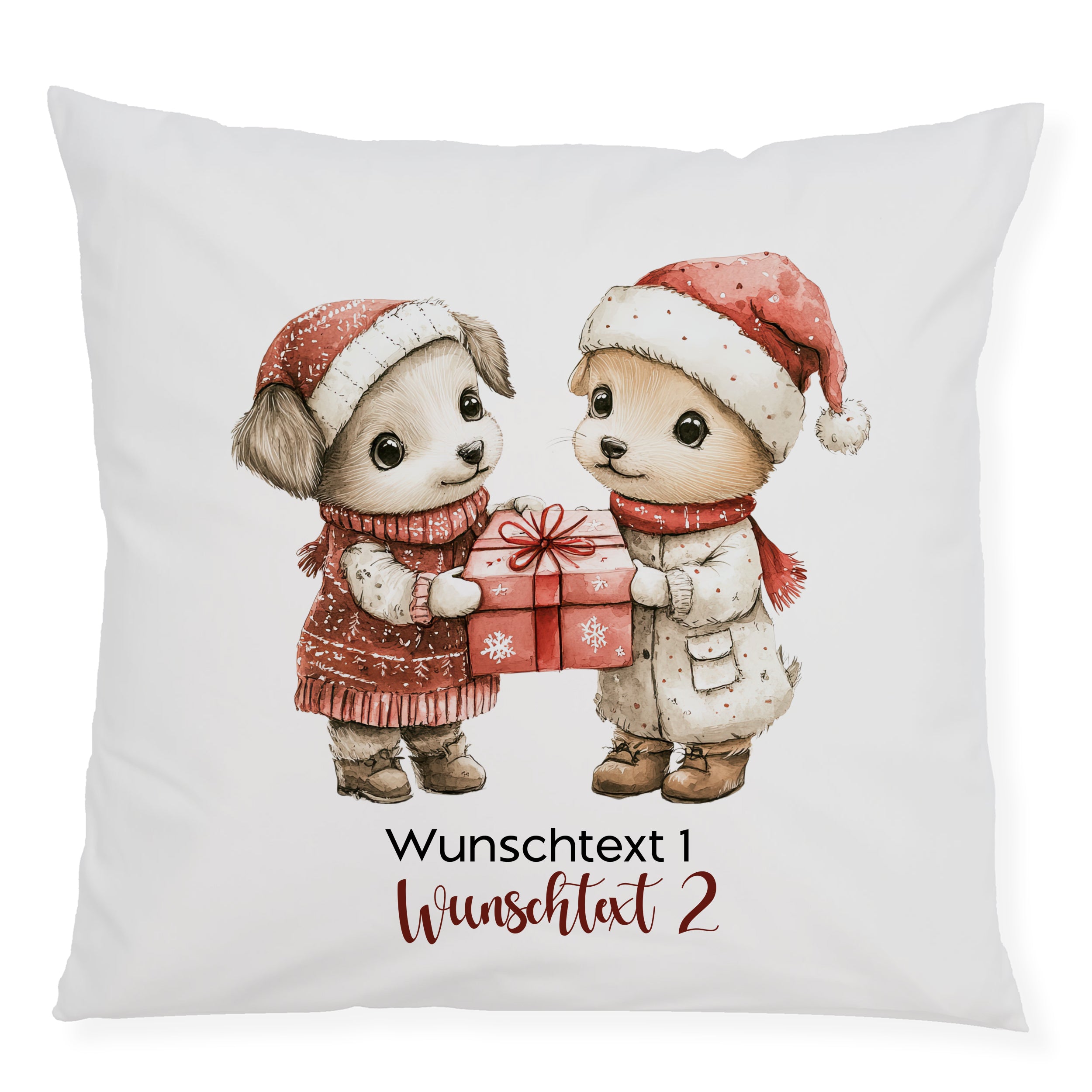Kissen mit zwei niedlichen Tieren und Weihnachtsgeschenk.