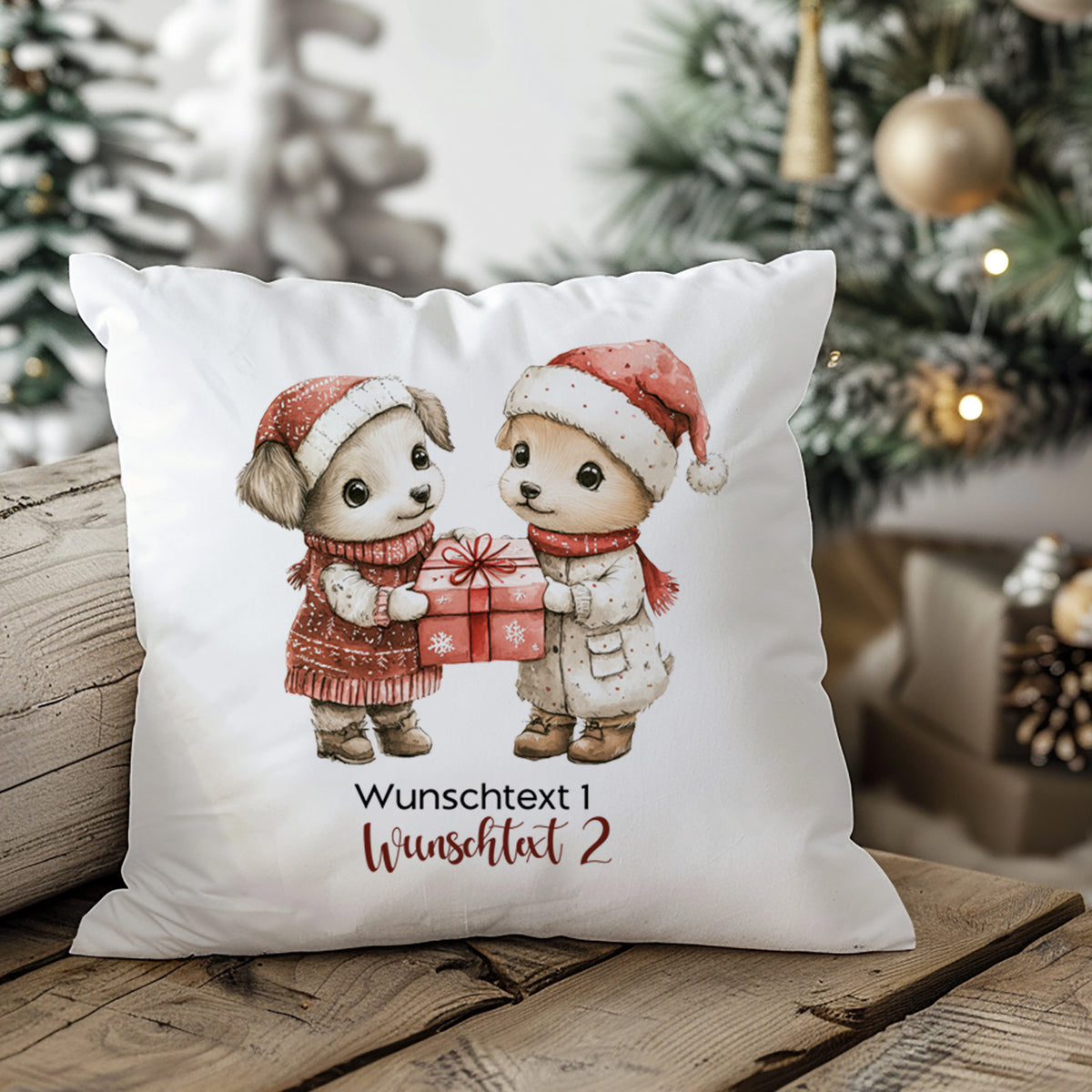 Kissen mit zwei niedlichen Hunden in Weihnachtskleidung.