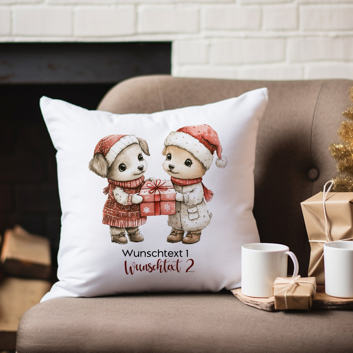 Kissen mit zwei niedlichen Welpen in Weihnachtskleidung.